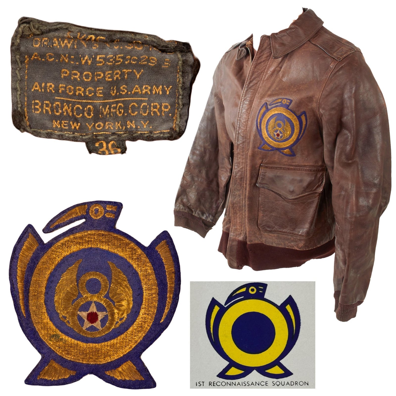 Original U.S. WWII 1st Reconnaissance Squadron or 391st Bomb Squadron Patched A2 Flight Jacket with 8th Air Force Patch Over 391st Bomb Squadron Patch - Period Applied Insignia