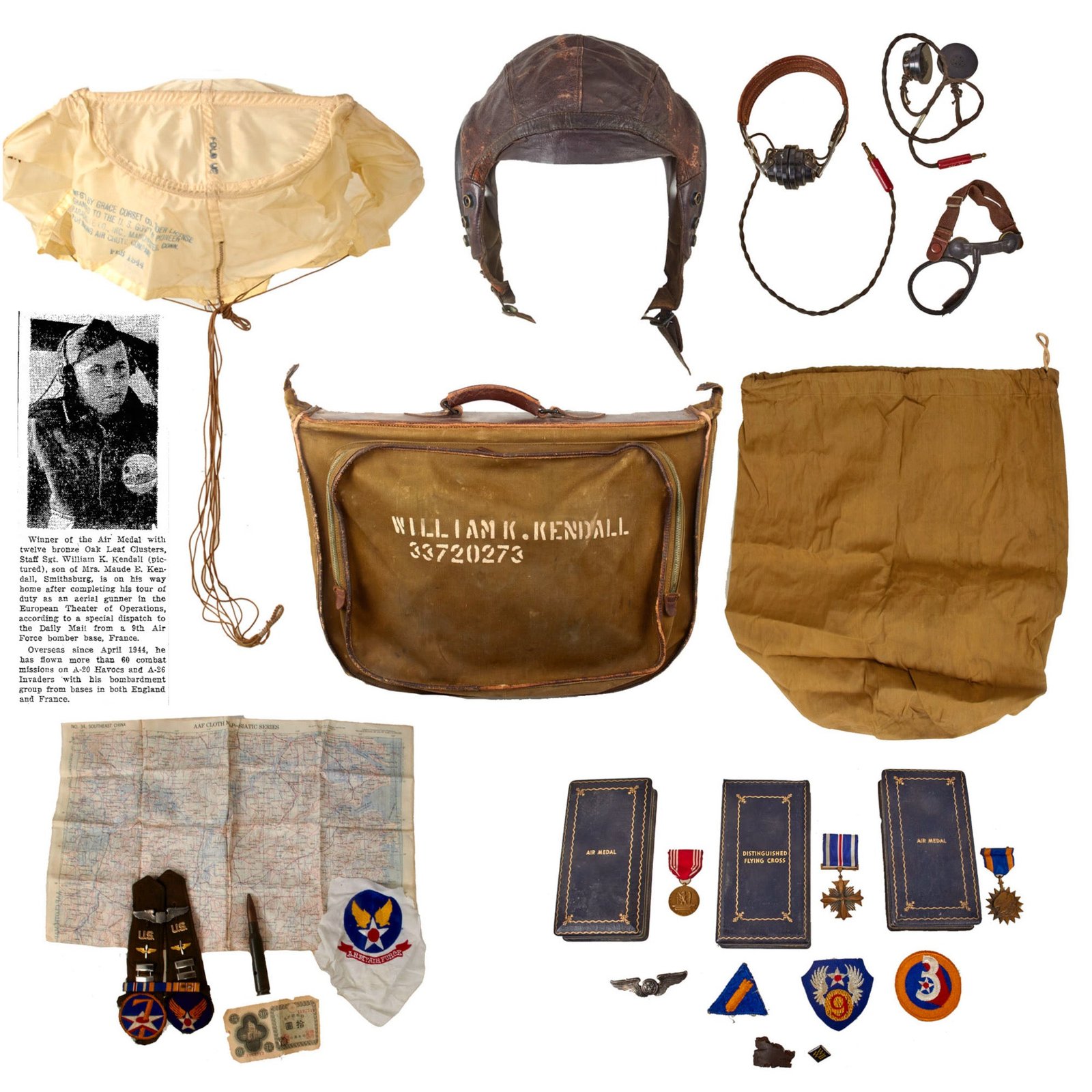 Original U.S. WWII AAF 9th Air Force Flight Gear & B-4 Canvas Flight Crew Bag Grouping of Staff Sergeant William K. Kendall, 641st Bomb Squad, 409th Bomb Group - 60 Combat Missions and Air Medal with 12 OLCs