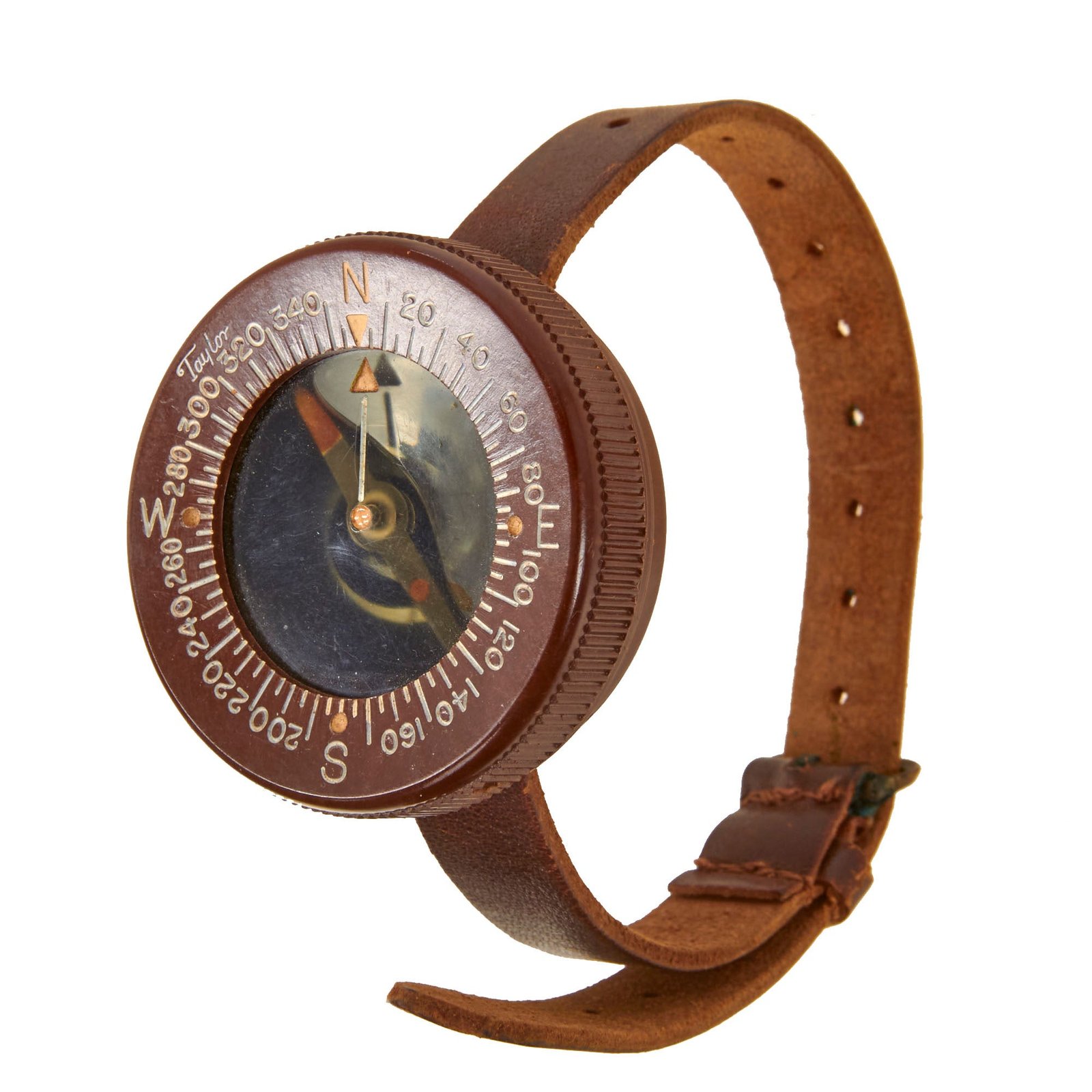 Original U.S. WWII Paratrooper Wrist Compass by Taylor with Leather Wrist Band & Water Still Inside