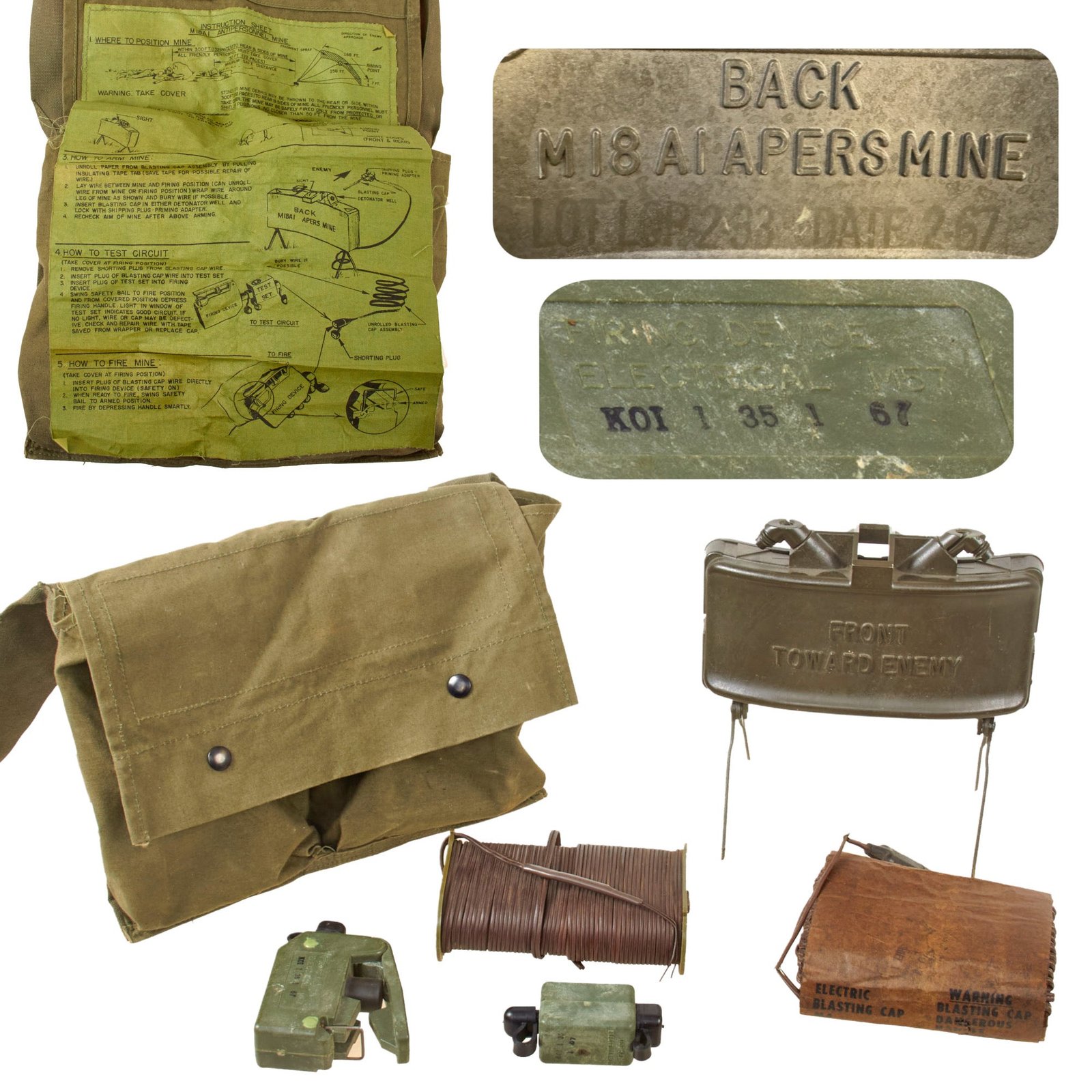 Original U.S. Vietnam War Complete M18A1 M68 Claymore Mine Training Kit with Canvas Carry Bag & Rare Extra Long Spool in Wrap - Original Live M18 Mine Made Inert - Dated 1967