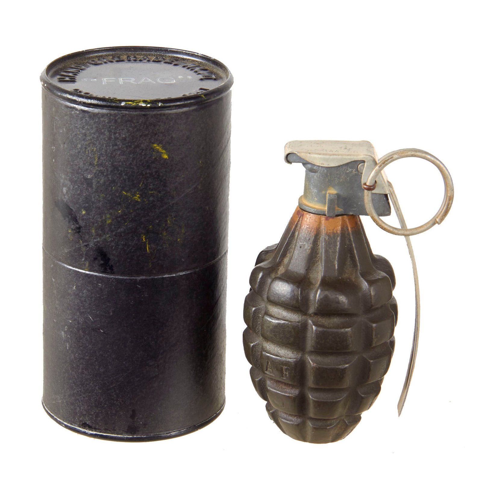 Original U.S. WWII Inert MkII Pineapple Grenade with Yellow Ring and M10A2 Fuze by The American Fireworks Company in Original Husk