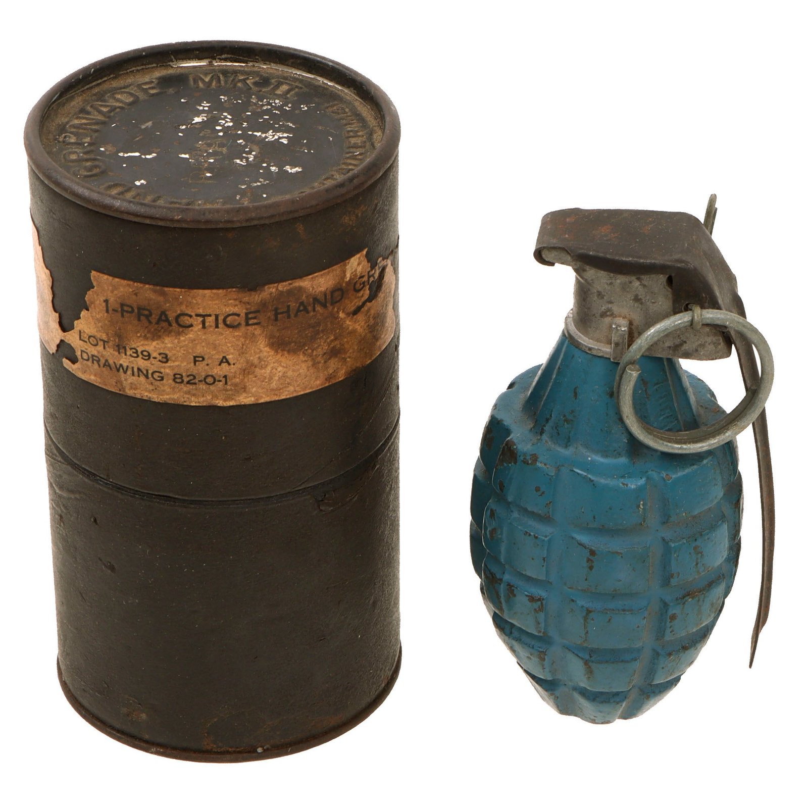 Original U.S. WWII M21 Inert Practice Pineapple Fragmentation Training Hand Grenade with Early Tapered Body and Original Correct Husk