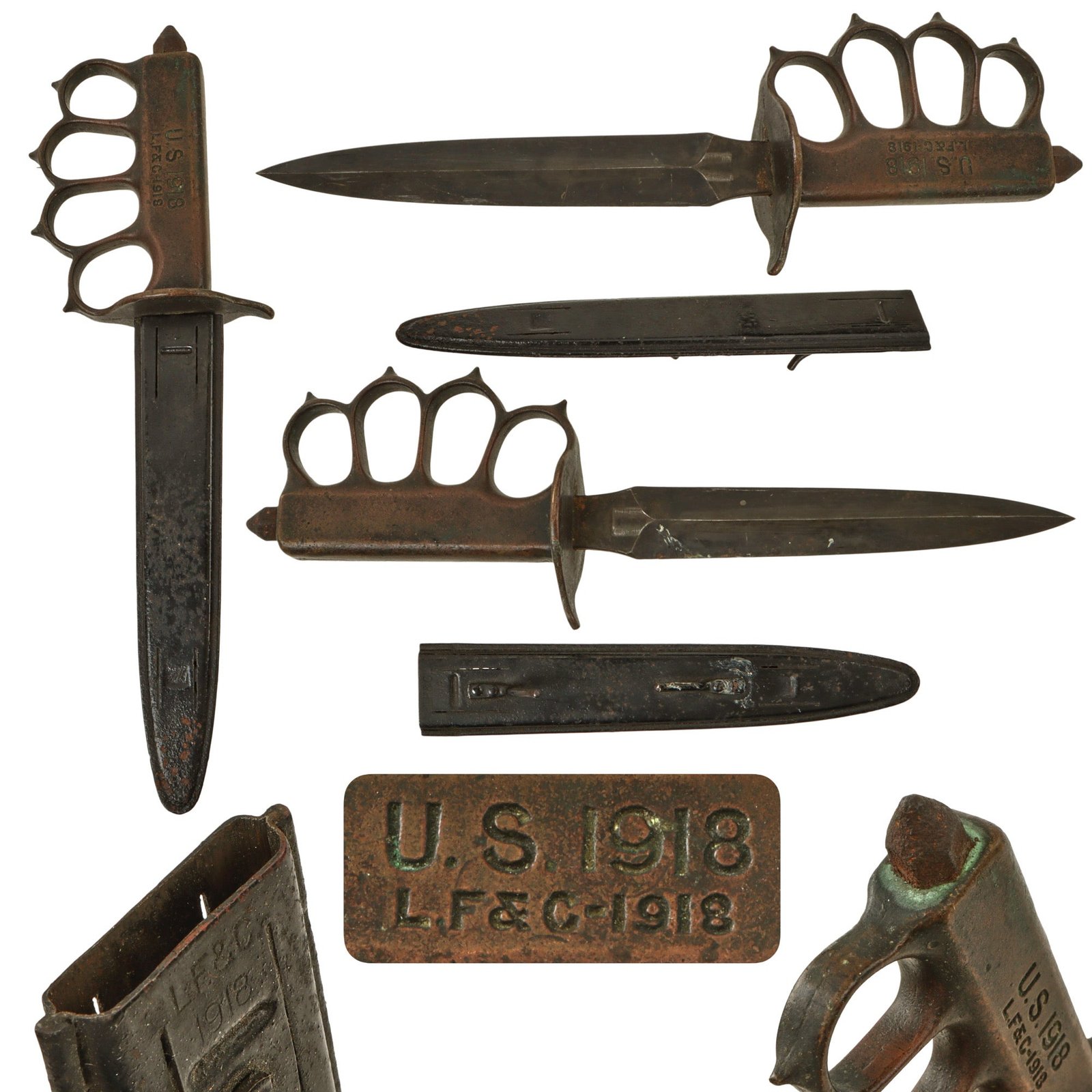 Original U.S. WWI Model 1918 Mark I Trench Knife by L. F. & C. with Matching Steel Scabbard