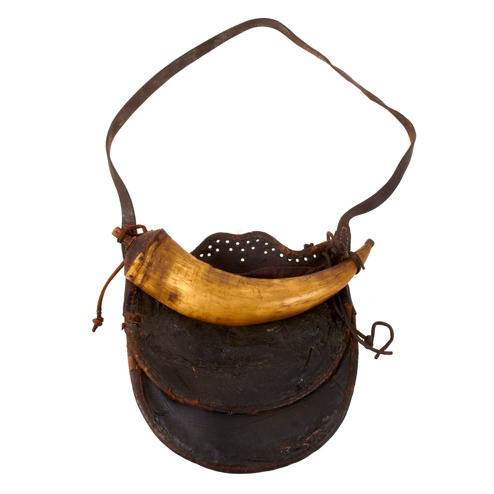 Original U.S. American Revolutionary War Era Rifleman’s Bag Set with Powder Horn and Powder Measure in Bag - Red Felt-Lined