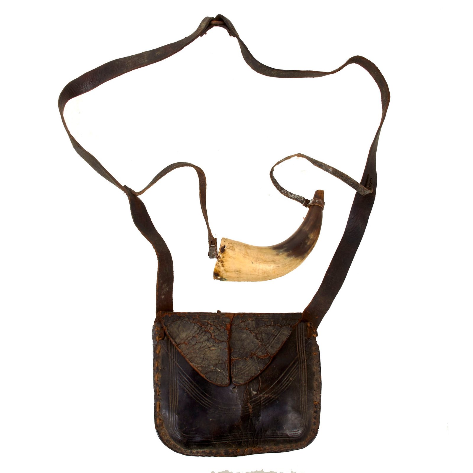 Original U.S. American Revolutionary War Era Rifleman’s Bag Set with Integral Powder Horn and Still-Supple Leather Straps - Outstanding