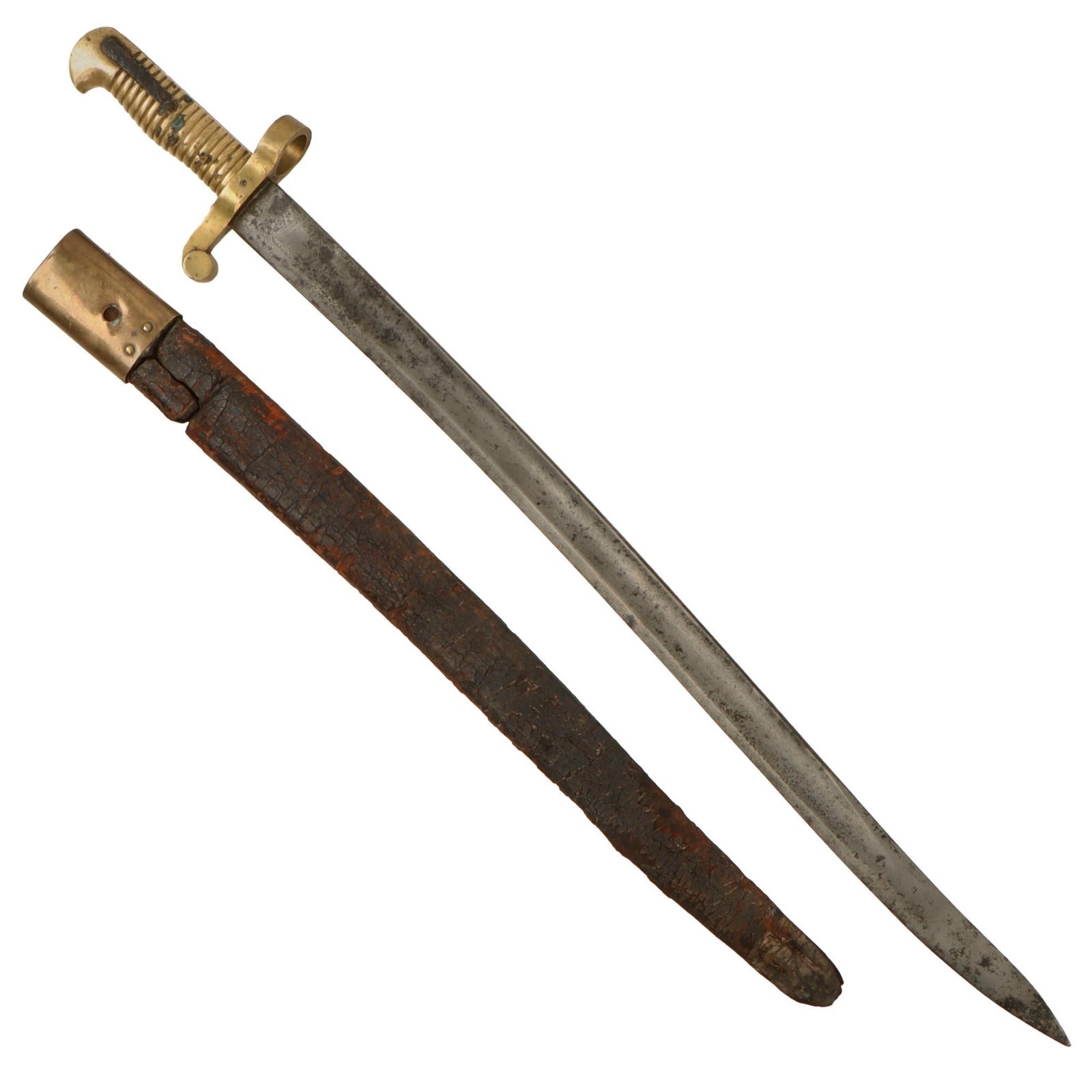 Original U.S. Civil War Whitneyville “Plymouth” Navy Percussion Rifle Brass Hilted Bayonet with Partial Tattered Scabbard - Serial 5718