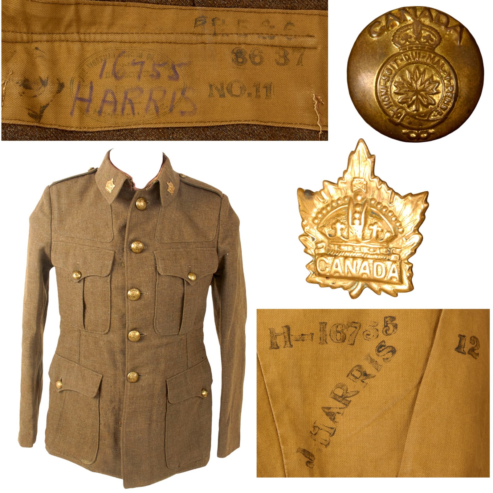 Original Canadian WWI CEF M1902 Service Dress Tunic with Collar Insignia & Name - J. Harris, Regimental Number 16755