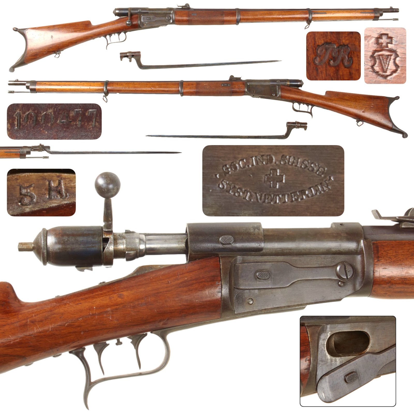Original Swiss Rare Vetterli M1869 Civilian Sharpshooter Magazine Rifle in 10.4mm Centerfire by Soc. Ind. Suisse with Set Trigger and Bayonet