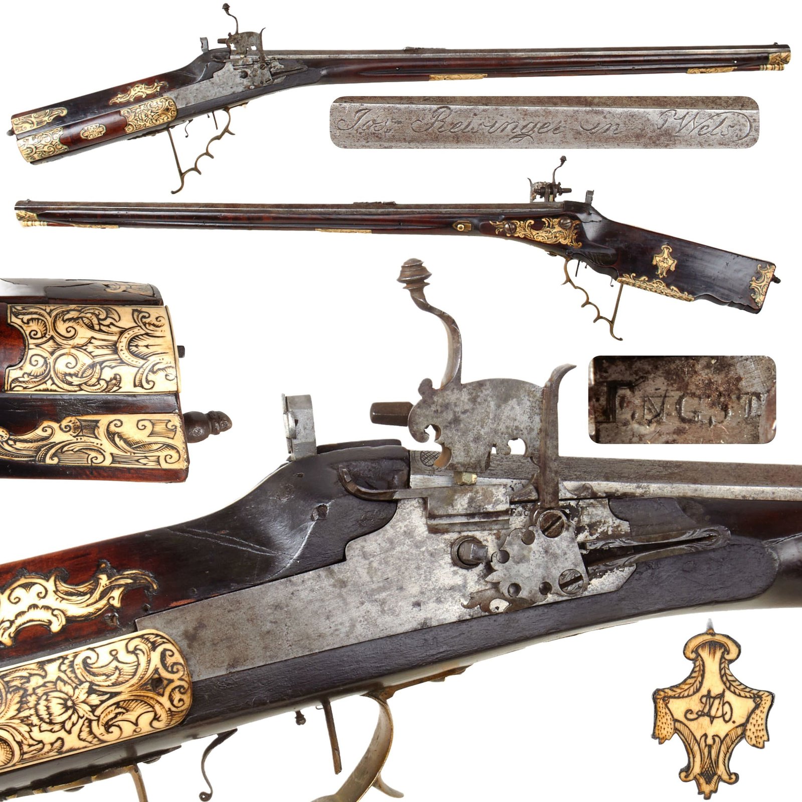 Original Early 19th Century Austrian Chemical Lock Wheellock Rifle by Jos. Reisinges of Wels — Heavy .56 Cal Octagonal Barrel, Bone-Inlaid Stock & Set Trigger