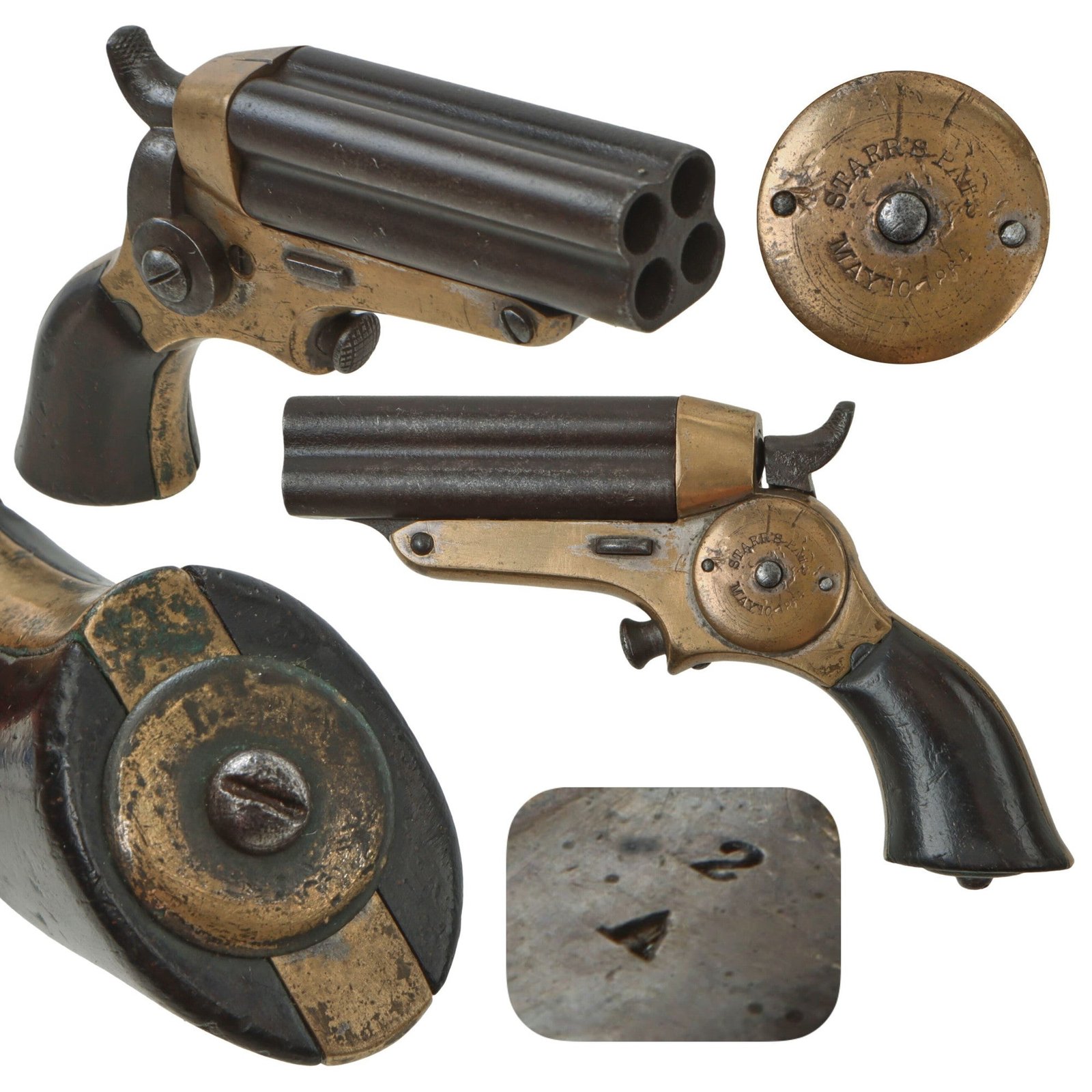 Original U.S. 19th Century Starr 1864 Patent .32 Rimfire 4 Barrel Tip Up Brass Frame Pepperbox Pistol - Matching Serial 2 A