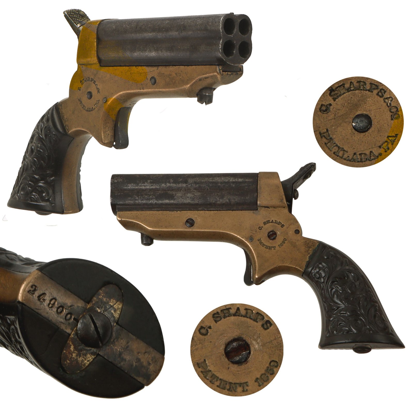 Original U.S. Sharps Model 1A .22 Rimfire 4 Barrel Brass Frame Pepperbox Pistol with Ornate Gutta Percha Grips - Serial 24900