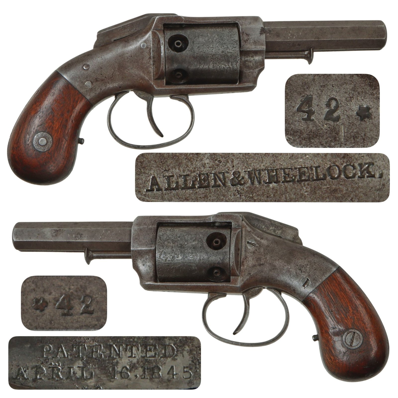 Original U.S. Civil War Era Allen & Wheelock 1845 Patent .32cal Medium Frame Bar Hammer Percussion Revolver circa 1858 - Matching Serial 42