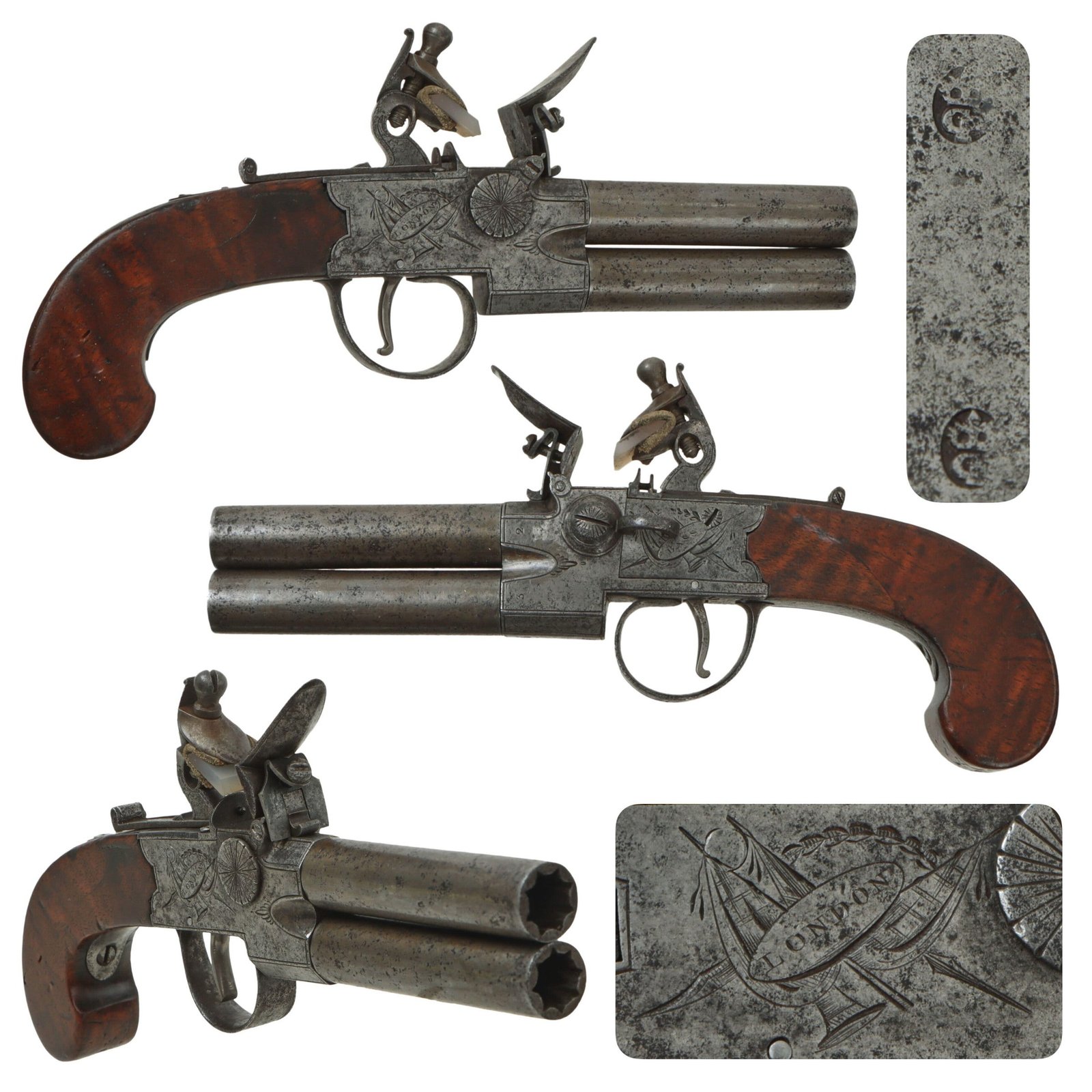 Original British Over and Under Flintlock Double Barrel Tap Action Pistol by John Bass of London - circa 1790