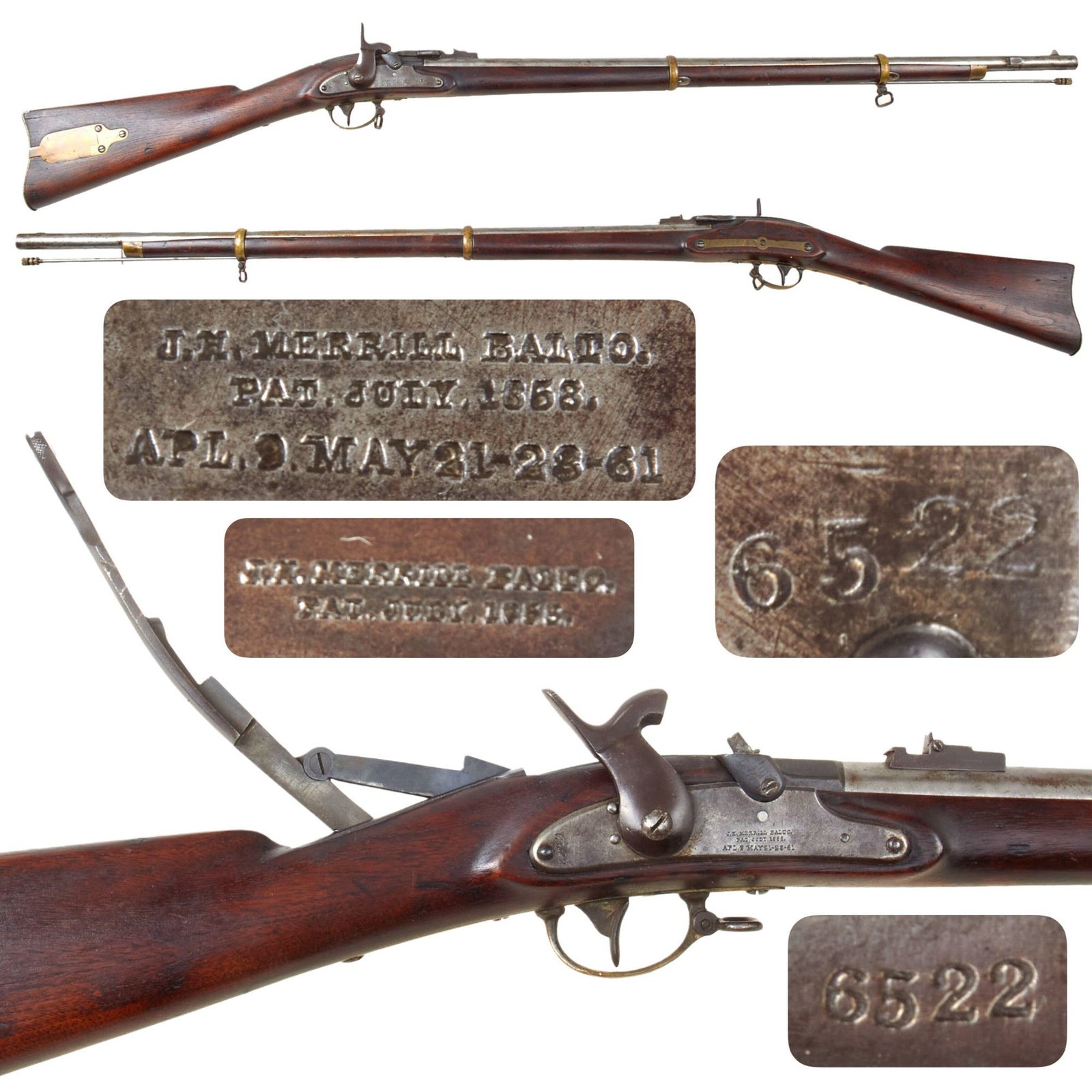 Original U.S. Civil War Rare J.H. Merrill M1862 Breech Loading Infantry Rifle Serial 6522 - One of 770 Supplied to U.S. Govt.