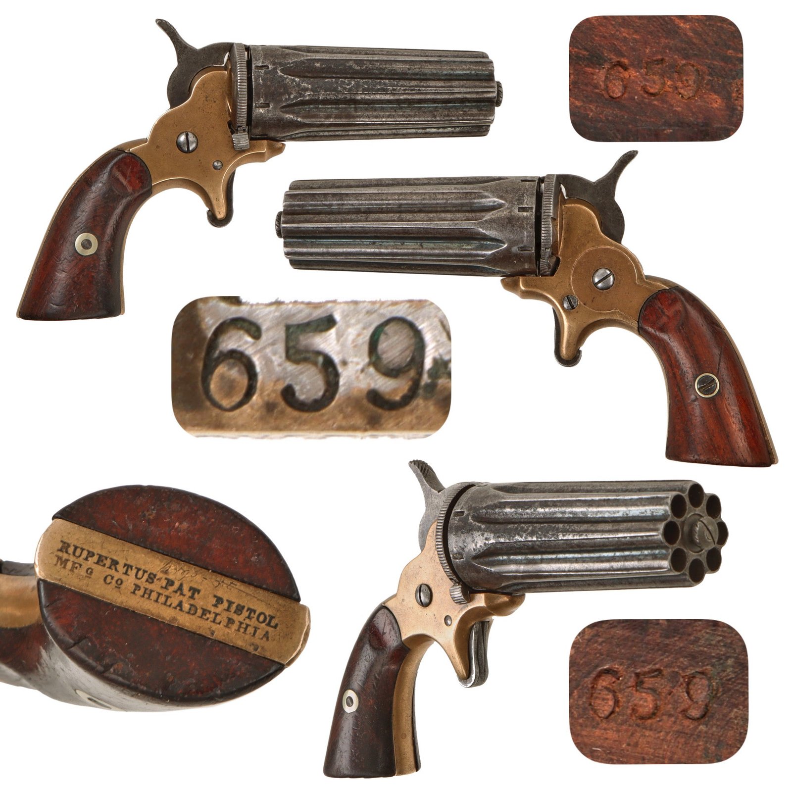 Original U.S. Civil War Era Jacob Rupertus 1864 Patent .22 Rimfire 8 Shot Pepperbox Revolver - Serial 659