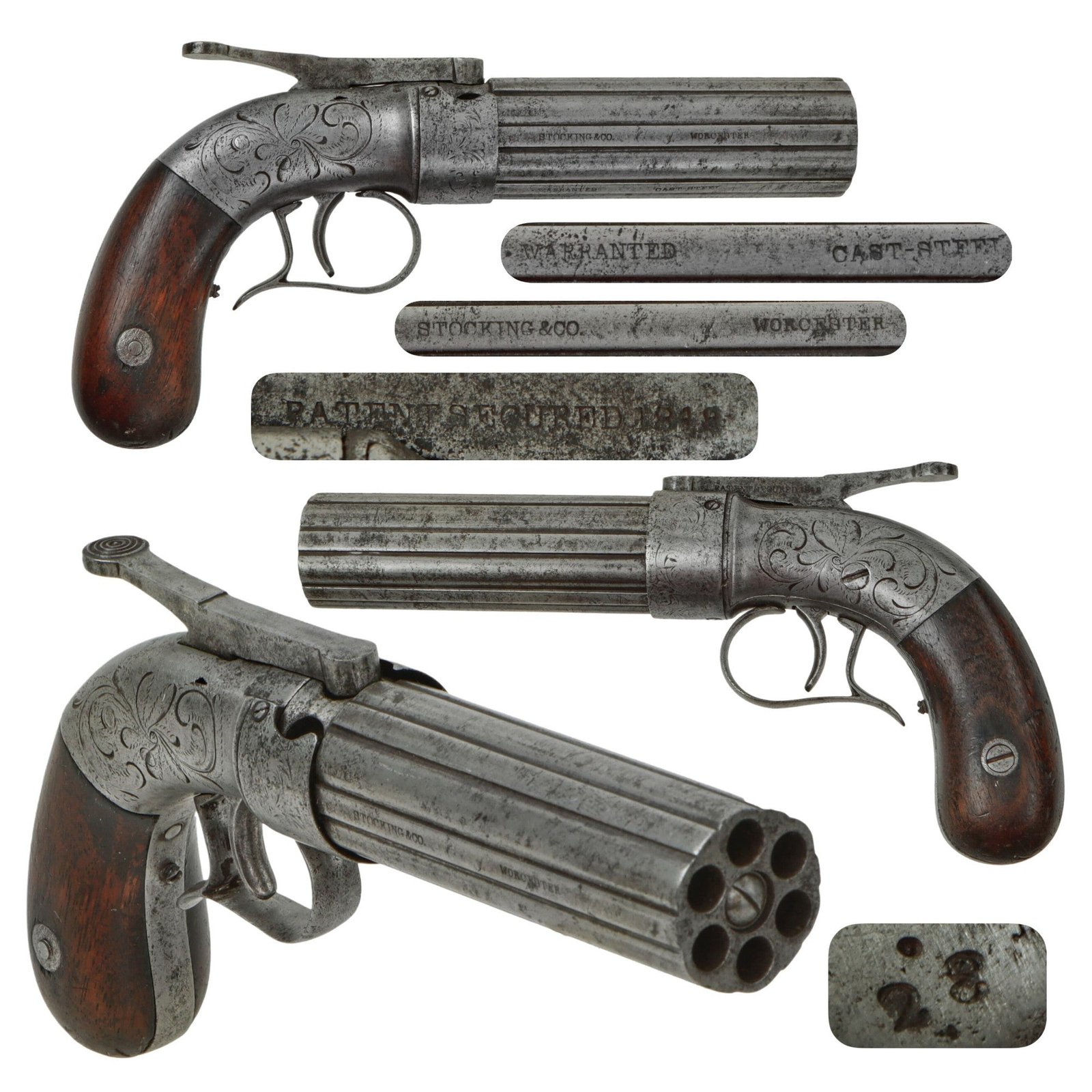 Original U.S. 19th Century Stocking & Co. 28cal. Single-Action Bar Hammer Percussion Pepperbox Revolver Circa 1850 - Serial 32