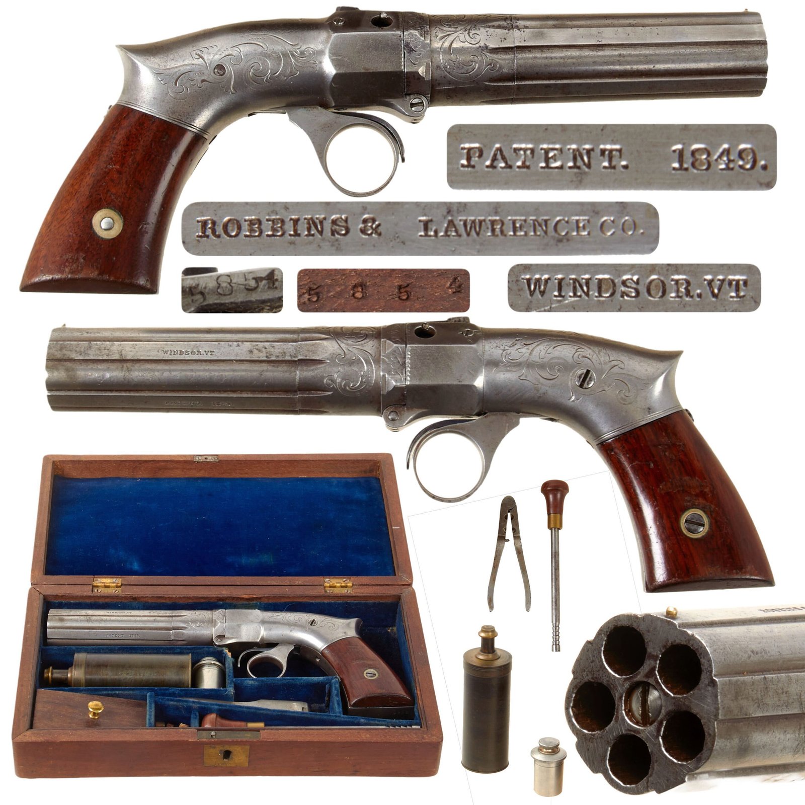 Original Rare U.S. Robbins & Lawrence 1849 Patent .31 cal Percussion Pepperbox Revolver with Case and Accessories - Serial 5854