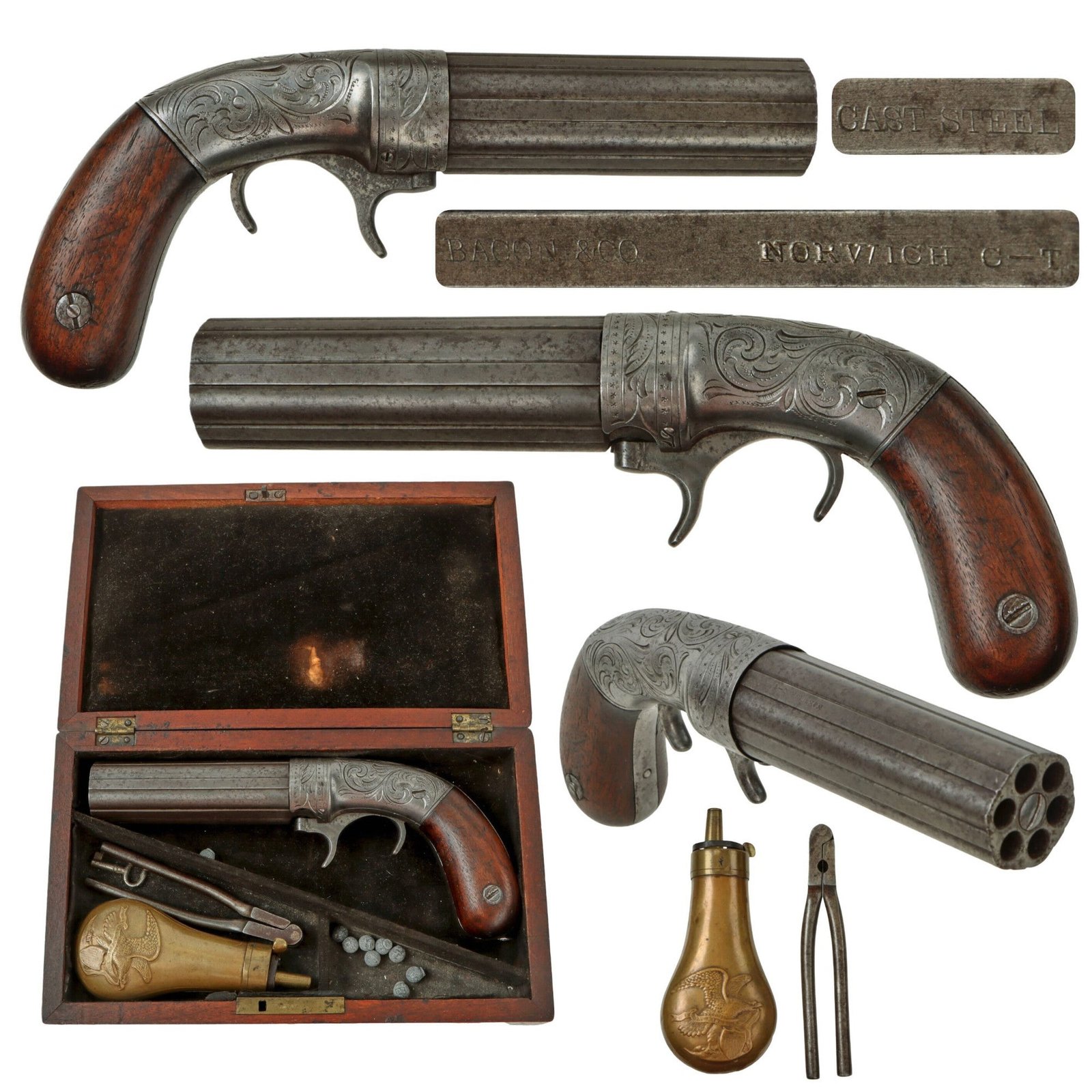 Original U.S. Pre Civil War Bacon & Co. .30cal Underhammer Percussion Pepperbox Revolver in Original Case with Accessories - Matching Serial 26
