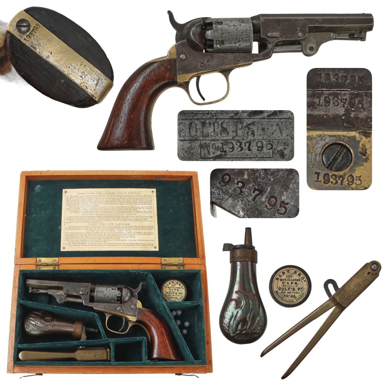 Original U.S. Civil War Colt M1849 Pocket Percussion 4" Barrel Revolver Made in 1861 with Replica Case & Accessories - Matching Serial 193795