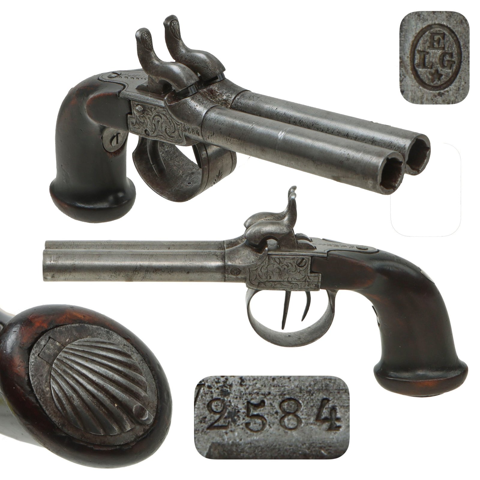 Original Victorian Era Belgian Double Barreled Percussion Pistol with Engraved Frame Serial 2584 - Circa 1840