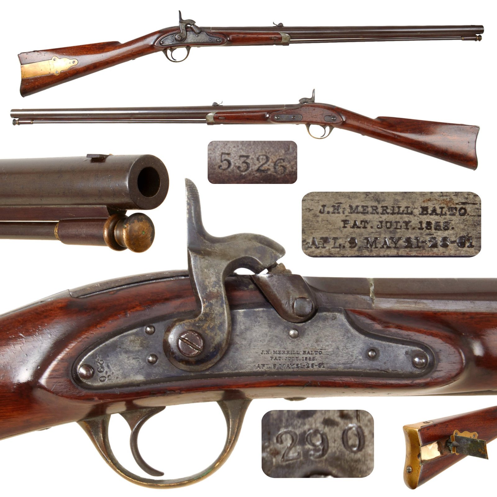 Original U.S. Civil War J.H. Merrill M1858 Breech Loading Cavalry Carbine Converted to Muzzle Loading Short Rifle - Serial 5290