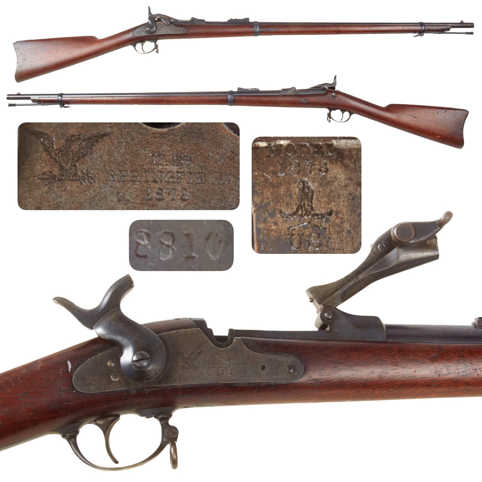 Original U.S. First Year Production Springfield Trapdoor Model 1873 Rifle Made in 1874 with Early 2 Notch Tumbler, Long Wrist, Rear Sight, and Cleaning Rod - Serial 8810