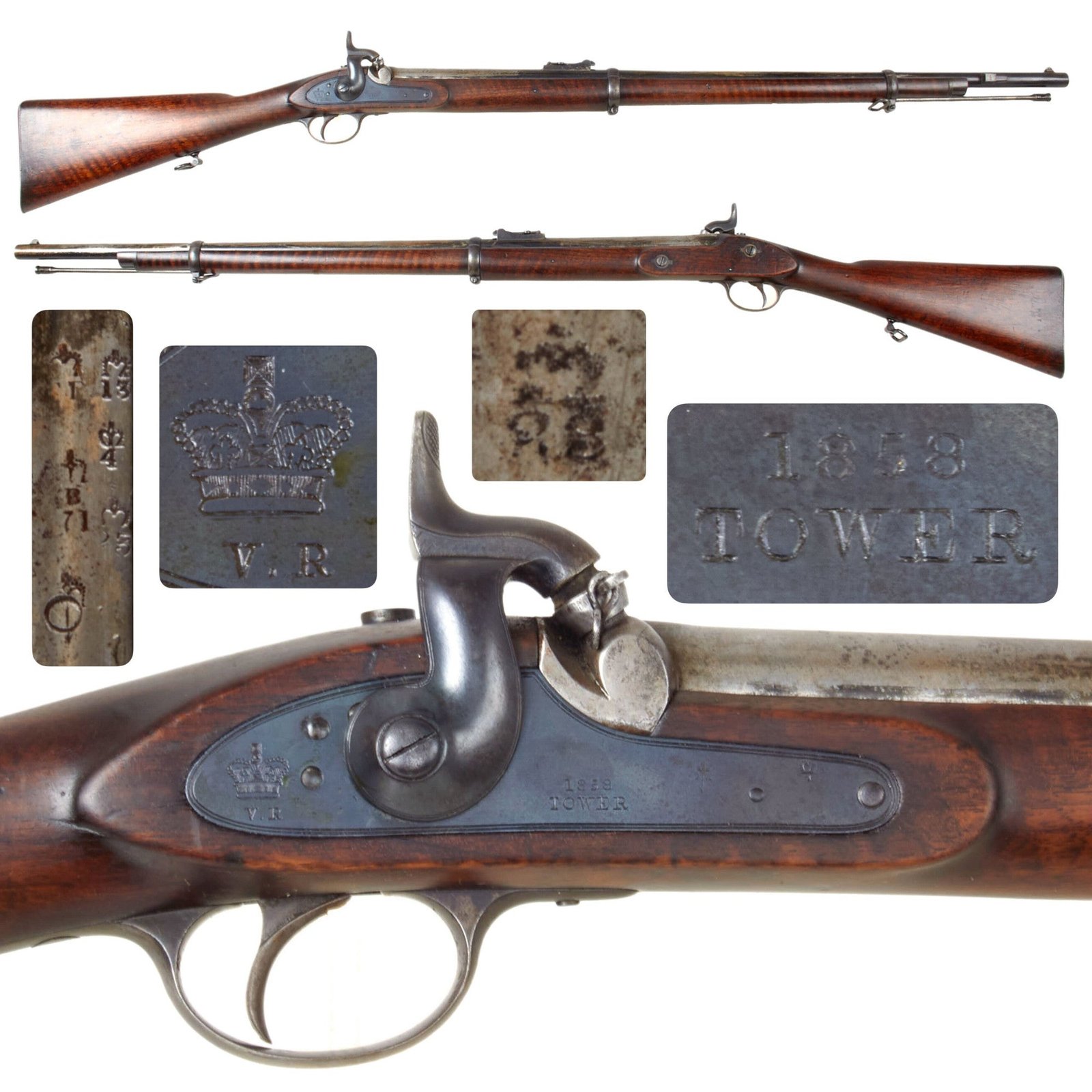 Original British 3rd Model P-1856 Enfield Tower Two Band Percussion Short Rifle with Figured Stock and Excellent Bore - dated 1858