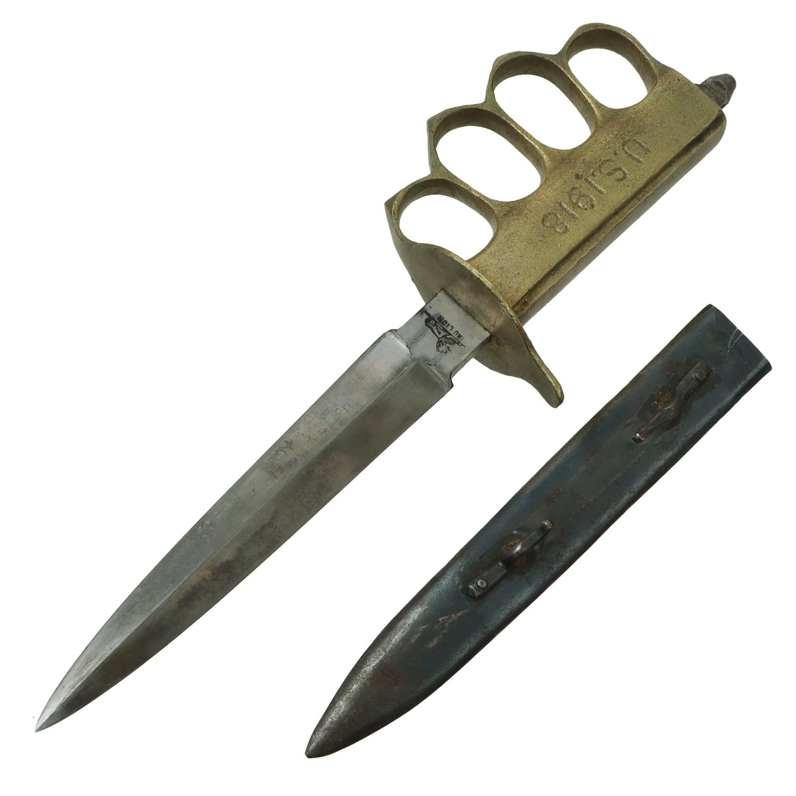 Original U.S. WWI Model 1918 French Made Mark I Trench Knife by AU LION with Correct Steel Scabbard - Excellent