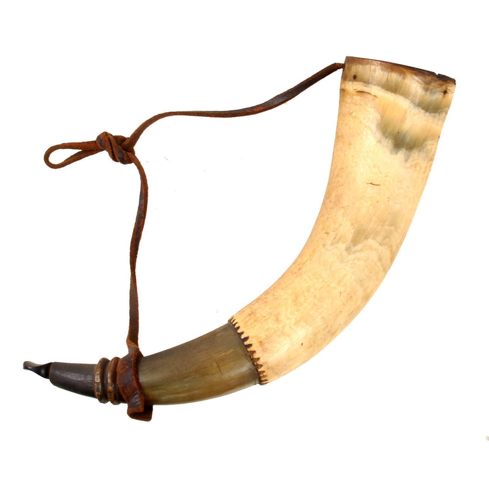 Original U.S. Revolutionary War Era Named “Two-Tone” Powder Horn with Original Leather Carrying Strap & Broken Plug - I. A. Buck