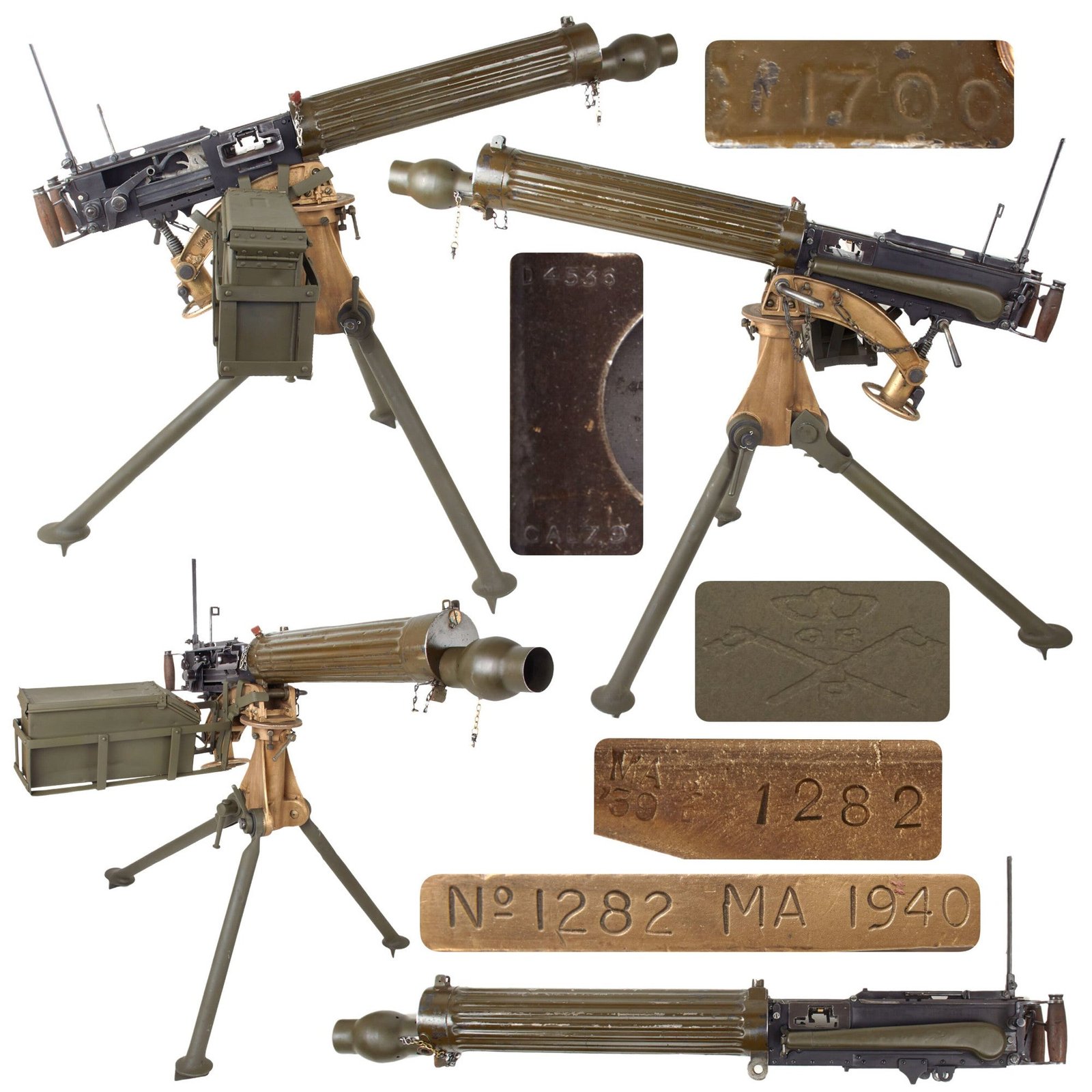 Original British WWI Vickers 9mm Turkish Contract Fluted Display Medium Machine Gun Serial C11700 with 1940 Dated Tripod, Ammo Box, and Carrier