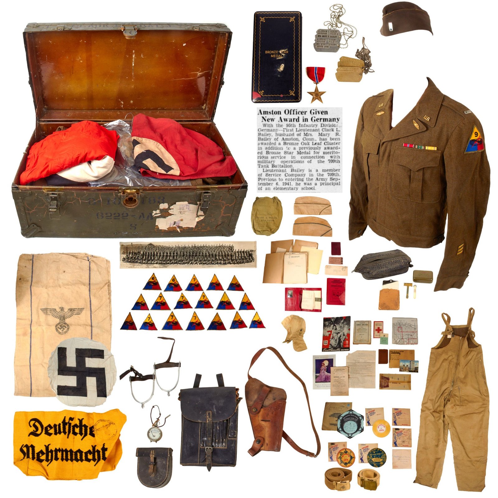 Original U.S. WWII 709th Tank Battalion Officer’s Trunk Grouping with Uniform, Bronze Star, and Captured German Souvenirs - Lieutenant Clark L. Bailey, Service Company