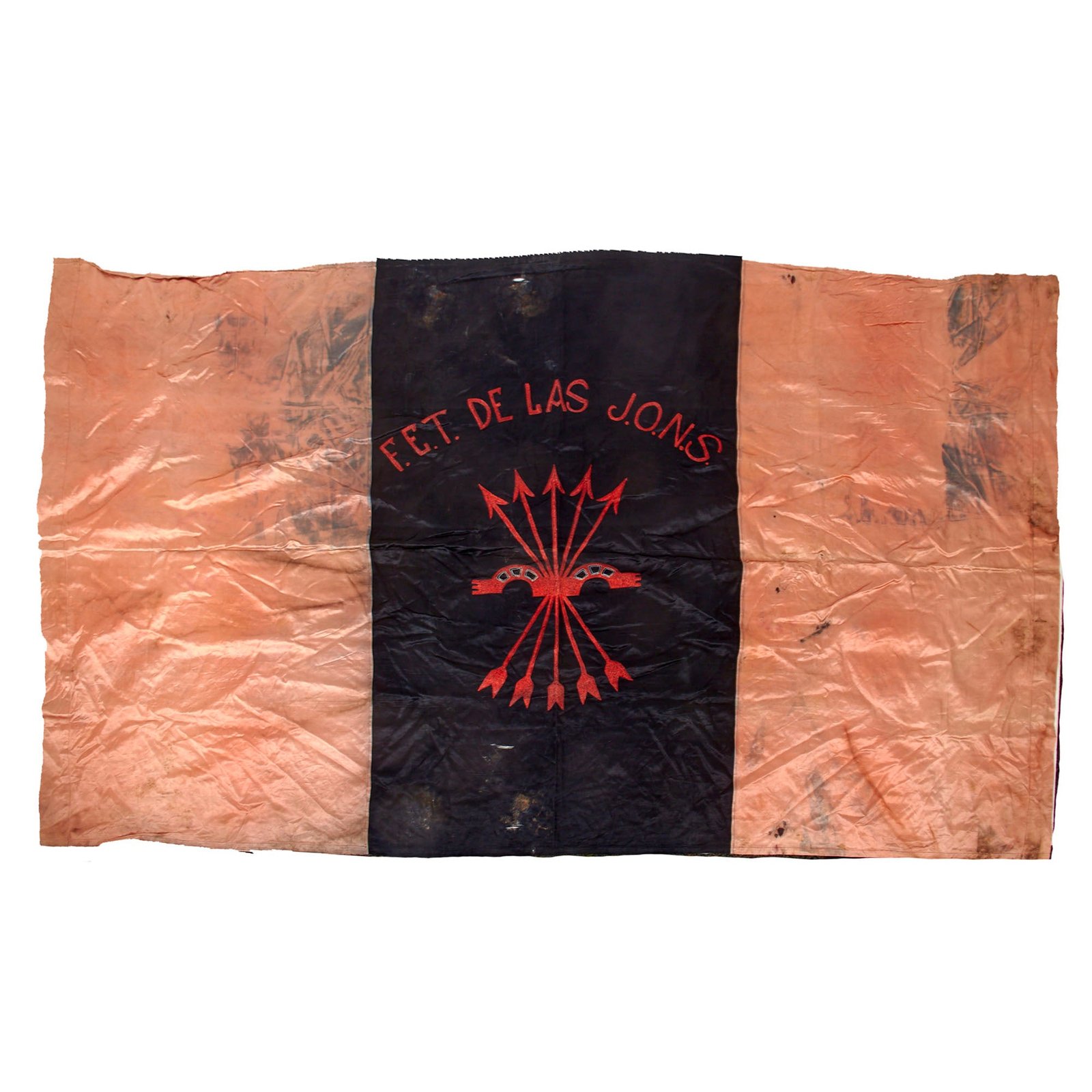 Original Spanish Fascist Spanish Civil War Large FET y de las JONS Spanish Falange of the Juntas of National Syndicalist Offensive Silk Banner Flag - 52 ½ x 85”