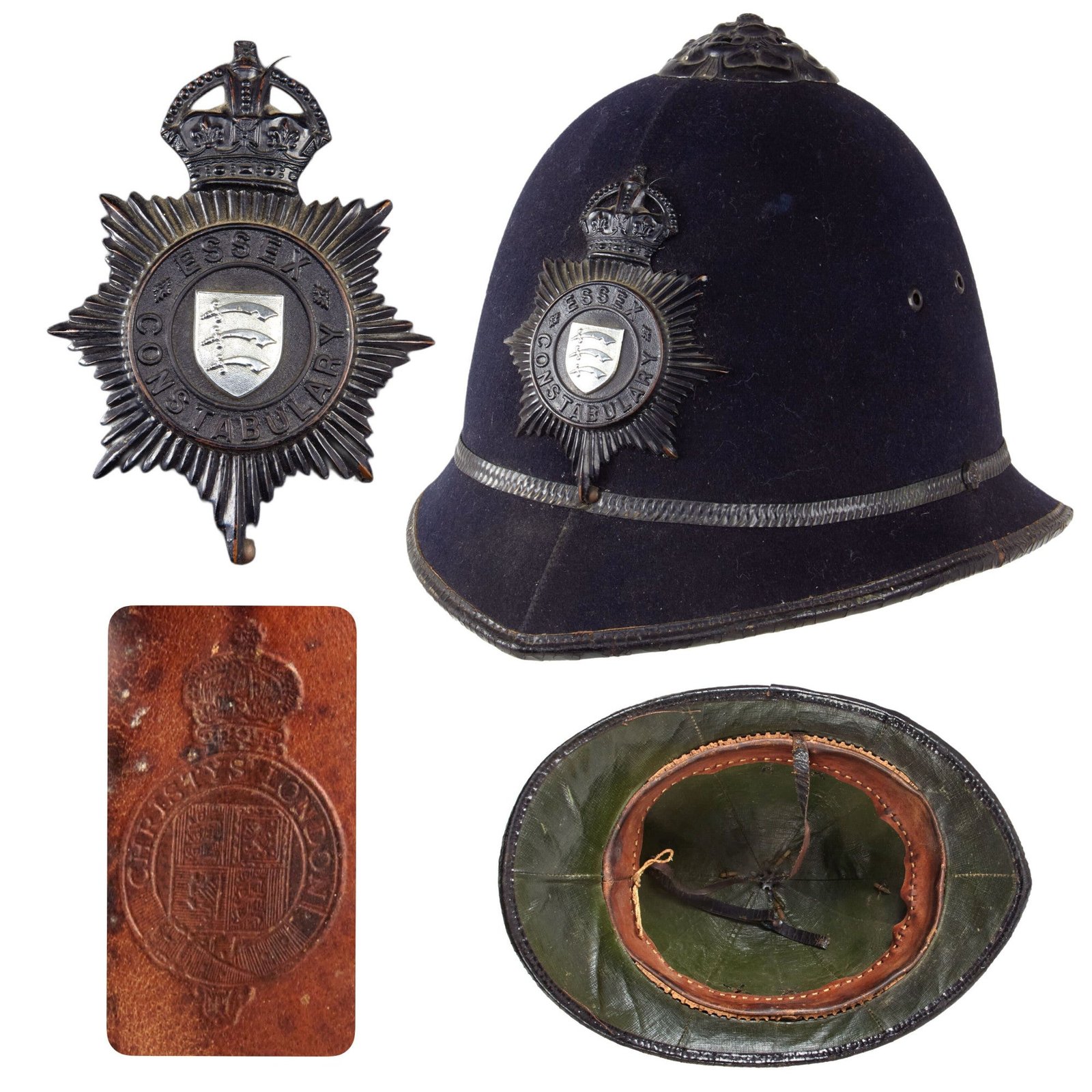 Original British WWII King’s Crown “Rosetop” Essex Constabulary “Blackout” Bobby Police Helmet Christy’s of London - Size 7 1/8