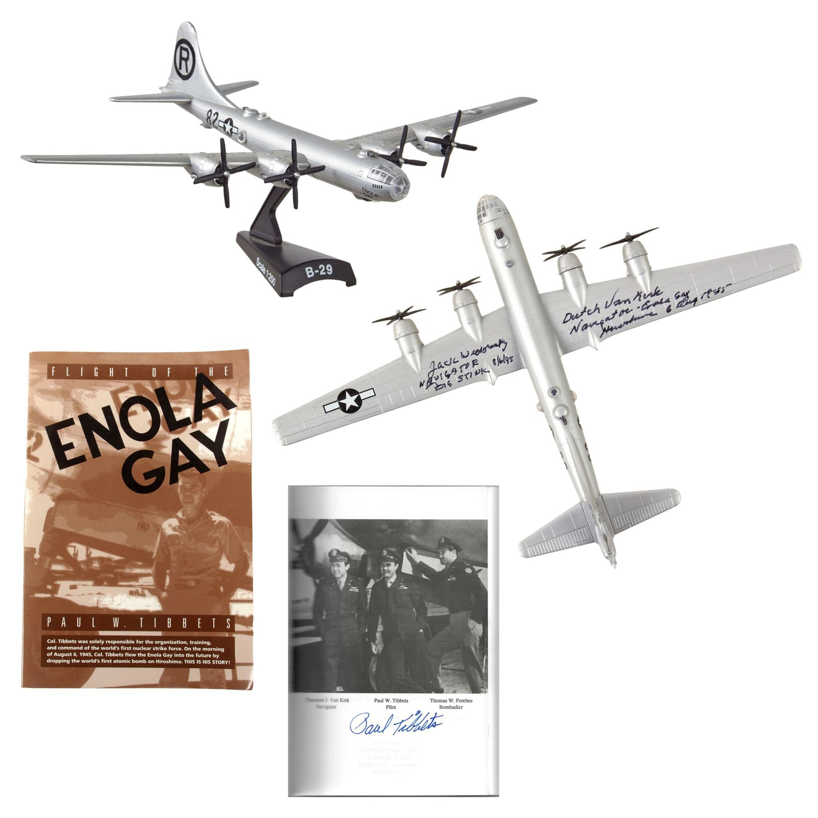 Original U.S. WWII Enola Gay Autograph Lot with Model B-29 Signed by Dutch VanKirk & Jack Widowsky and “Flight of the Enola Gay” Book Signed by Paul Tibbets