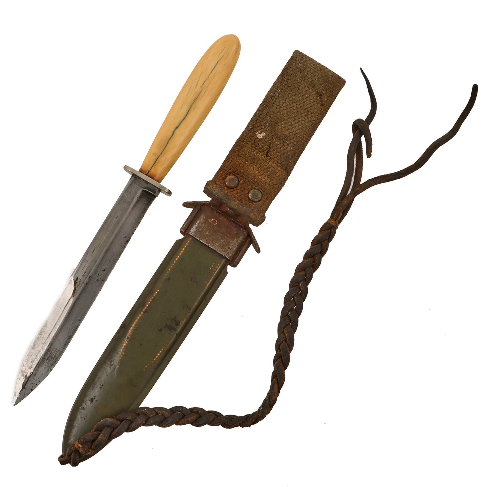 Original U.S. WWII Theater-Modified M3 Fighting Knife with Ivory Handle & Crest of Lille, France - Updated M8 Scabbard