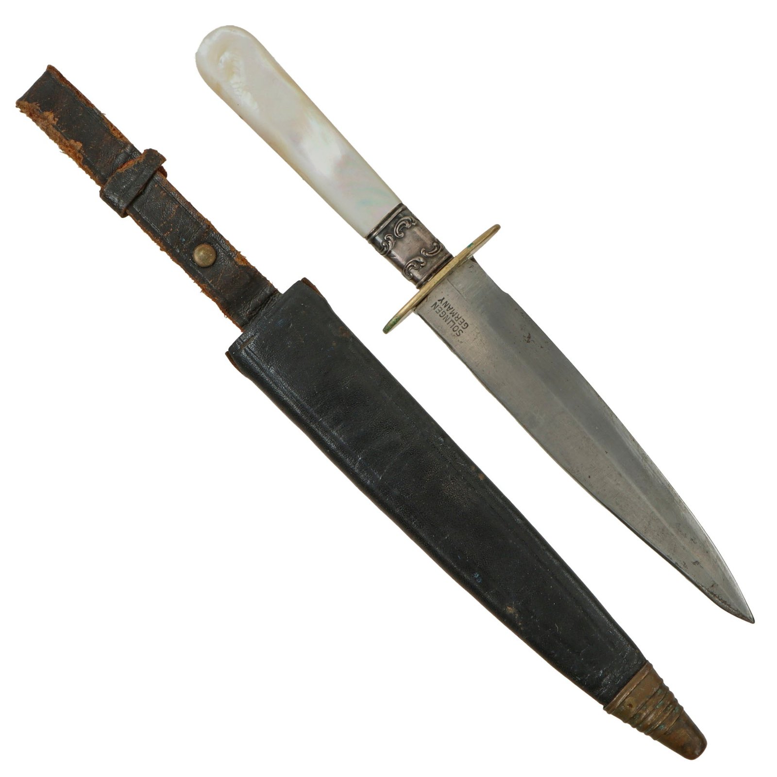 Original U.S. 1890s “Gambler” Side Knife with Mother of Pearl Grips in Scabbard - Romo, Solingen
