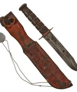 Original U.S. WWII USMC Blade-Marked Mark 2 KA-BAR Fighting Knife in Leather Sheath with Marine Dog Tag