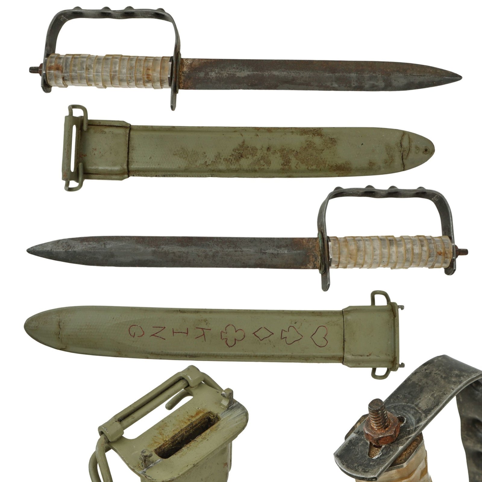 Original U.S. WWII Theater-Made Fighting Knife with OSS Drop Knife Guard, Coin Spacers, and M1 Scabbard - Named