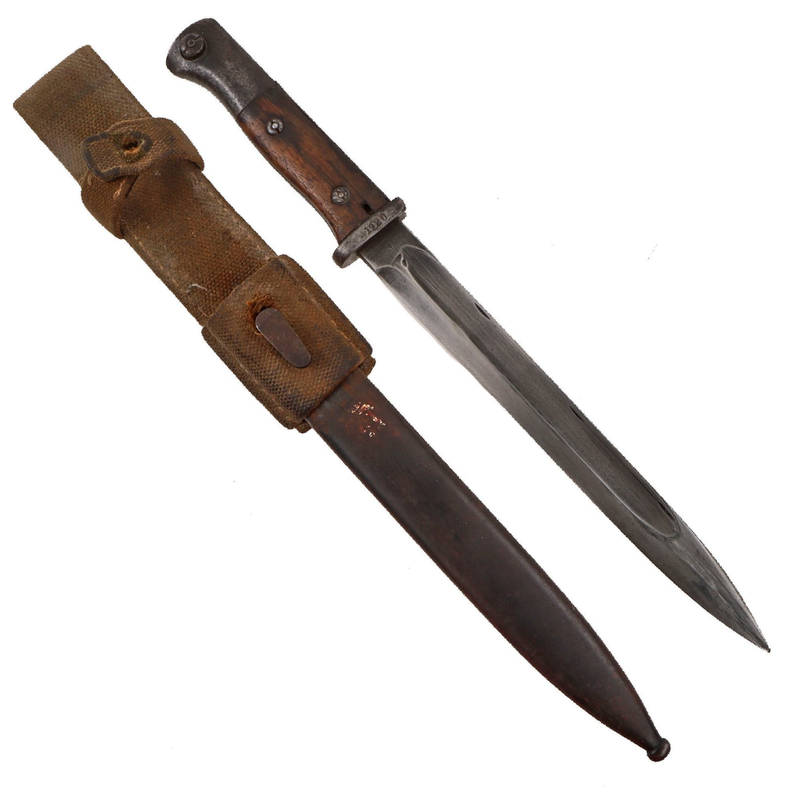 Original German WWI Seitengewehr M1884/98 II Sawback Bayonet by Rich. A. Herder with WWII Scabbard and DAK Web Frog