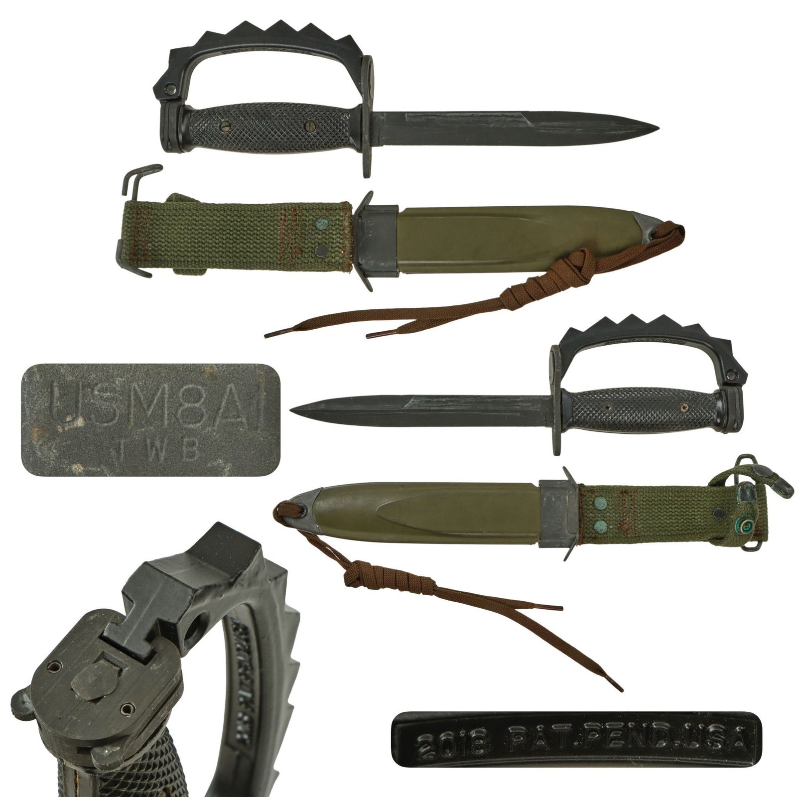 Original U.S. Vietnam War Era M7 Bayonet by Imperial for M16 Rifle with M8A1 Scabbard and 2018-Dated Detachable Aluminum Knuckles