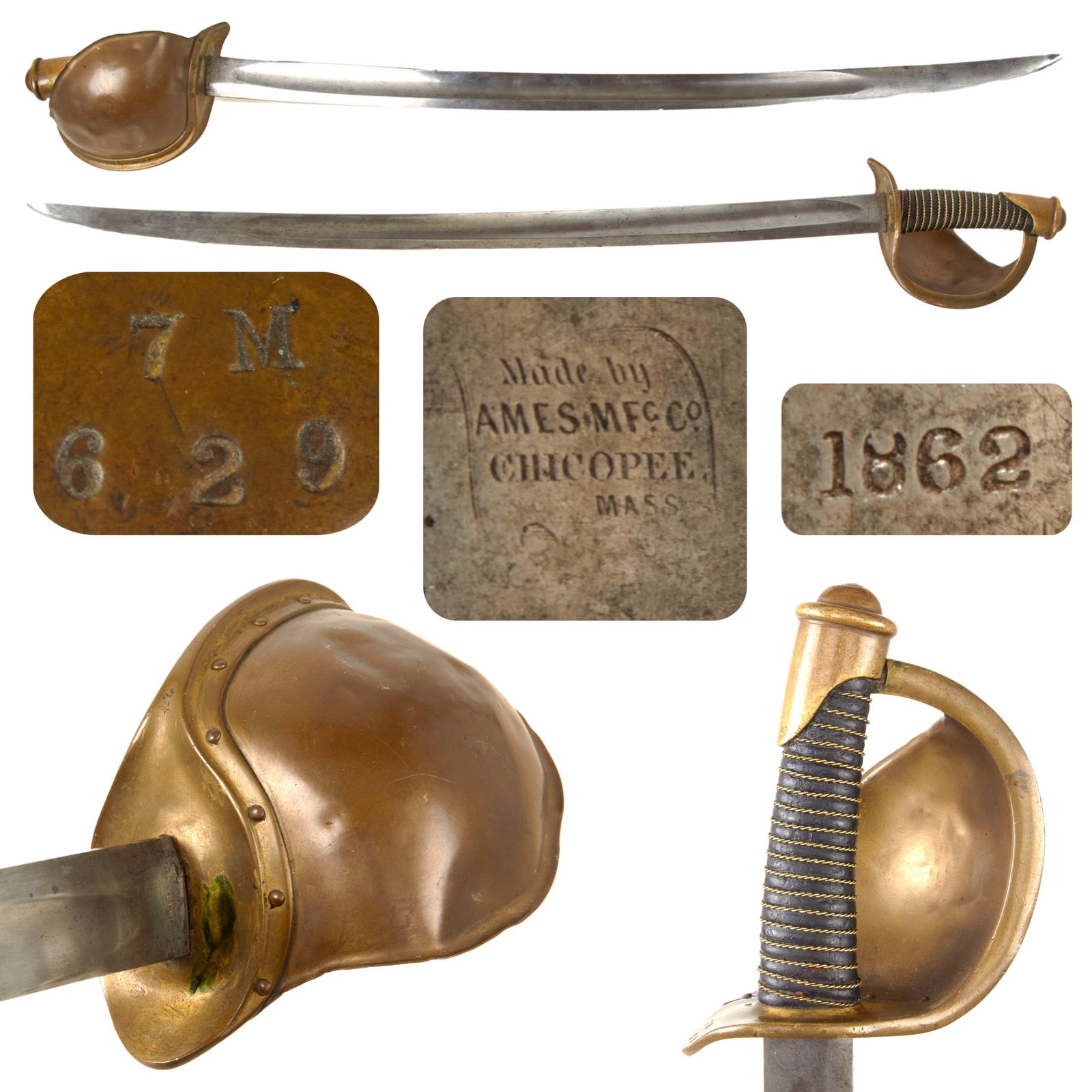 Original U.S. Civil War Rare Model 1860 Naval Cutlass by Ames Mfg. Co. with Scarce Wire-Wrapped Grip - Dated 1862 - Excellent