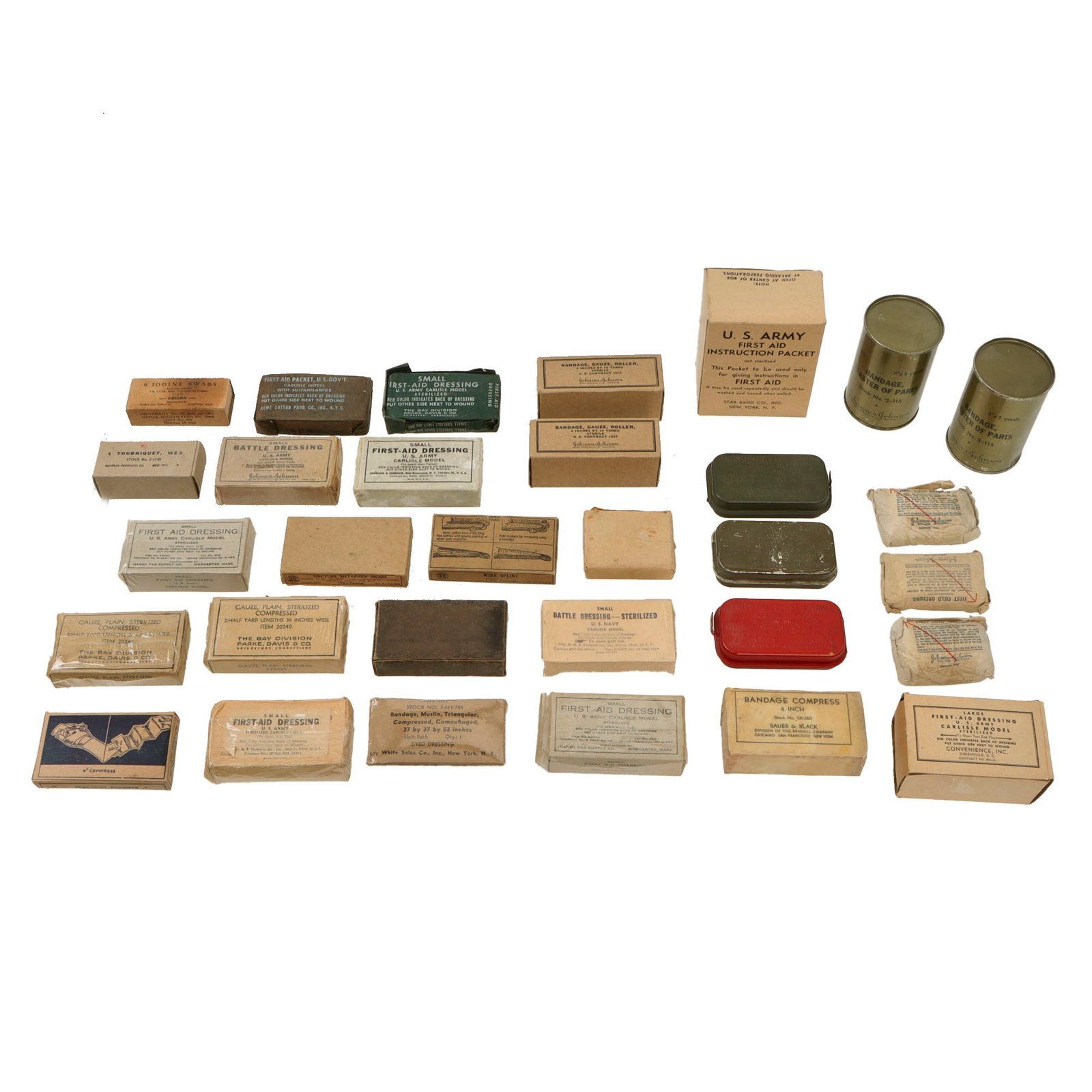 Original U.S. WWII Combat Medic Bandage Lot with Carlisle Bandages & Tourniquets, Iodine Swabs, and More - 31 Items Total