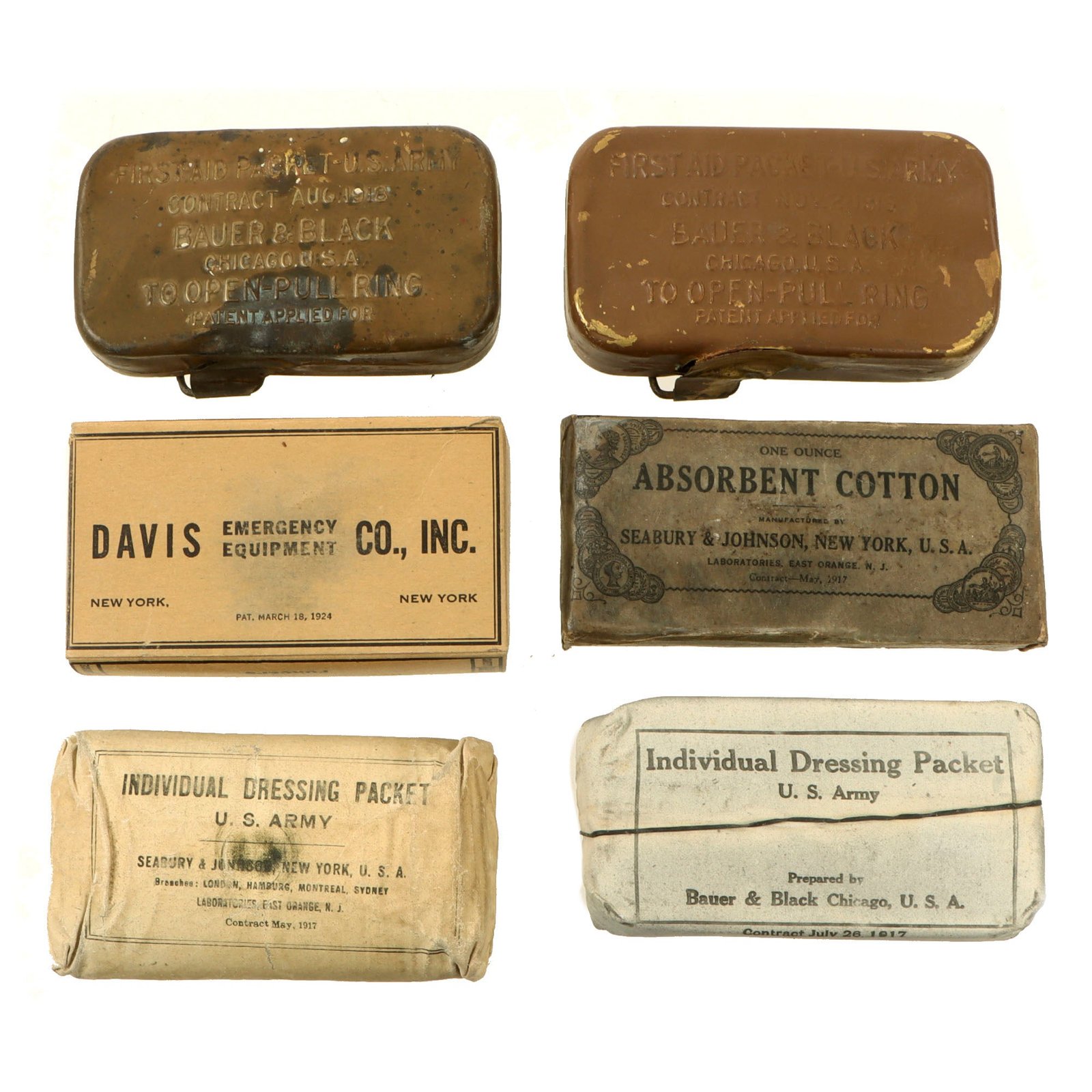 Original U.S. WWI - 1920s Era Medical Bandage Lot - 6 Items Total