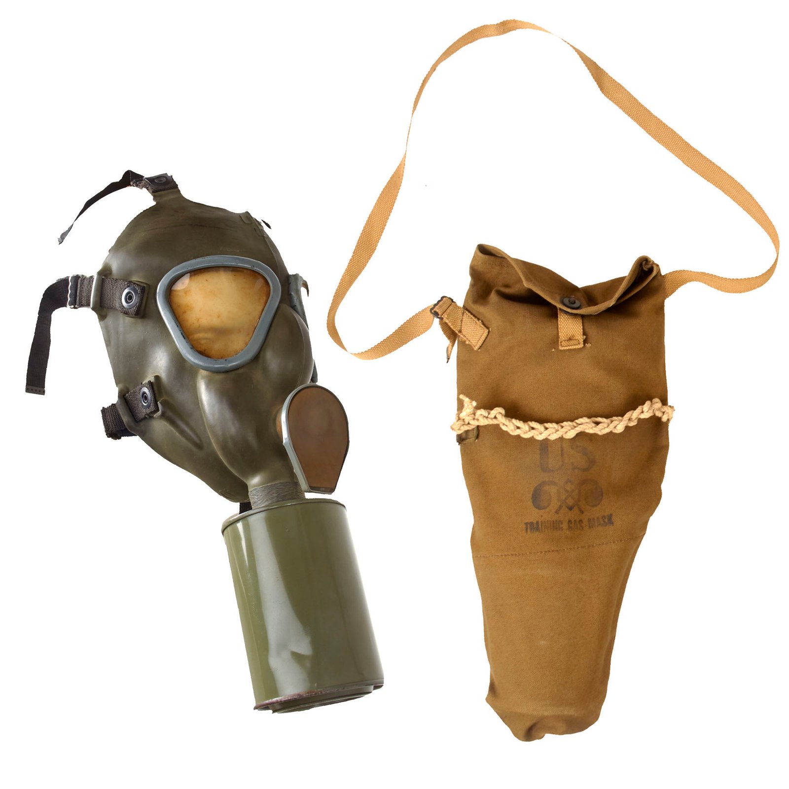 Original U.S. WWII M1A1 Training Gas Mask in Original Bag with Braided Rope