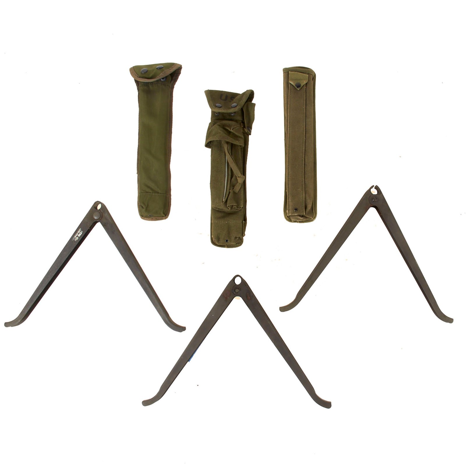 Original U.S. Vietnam War Set of M-14 / M-16 Rifle Bipods with Each Variation of Case Including Two by Colt - Three Total with Cases