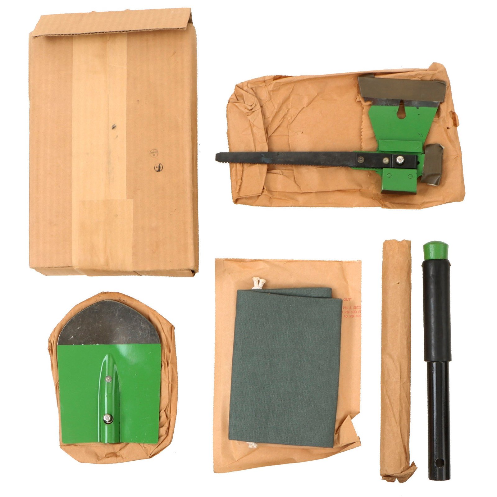 Original U.S. Vietnam War Airplane Crash Pioneer Tool Kit Survival Axe, Shovel, & Saw in Original Shipping Box - NOS - Dated April 1965