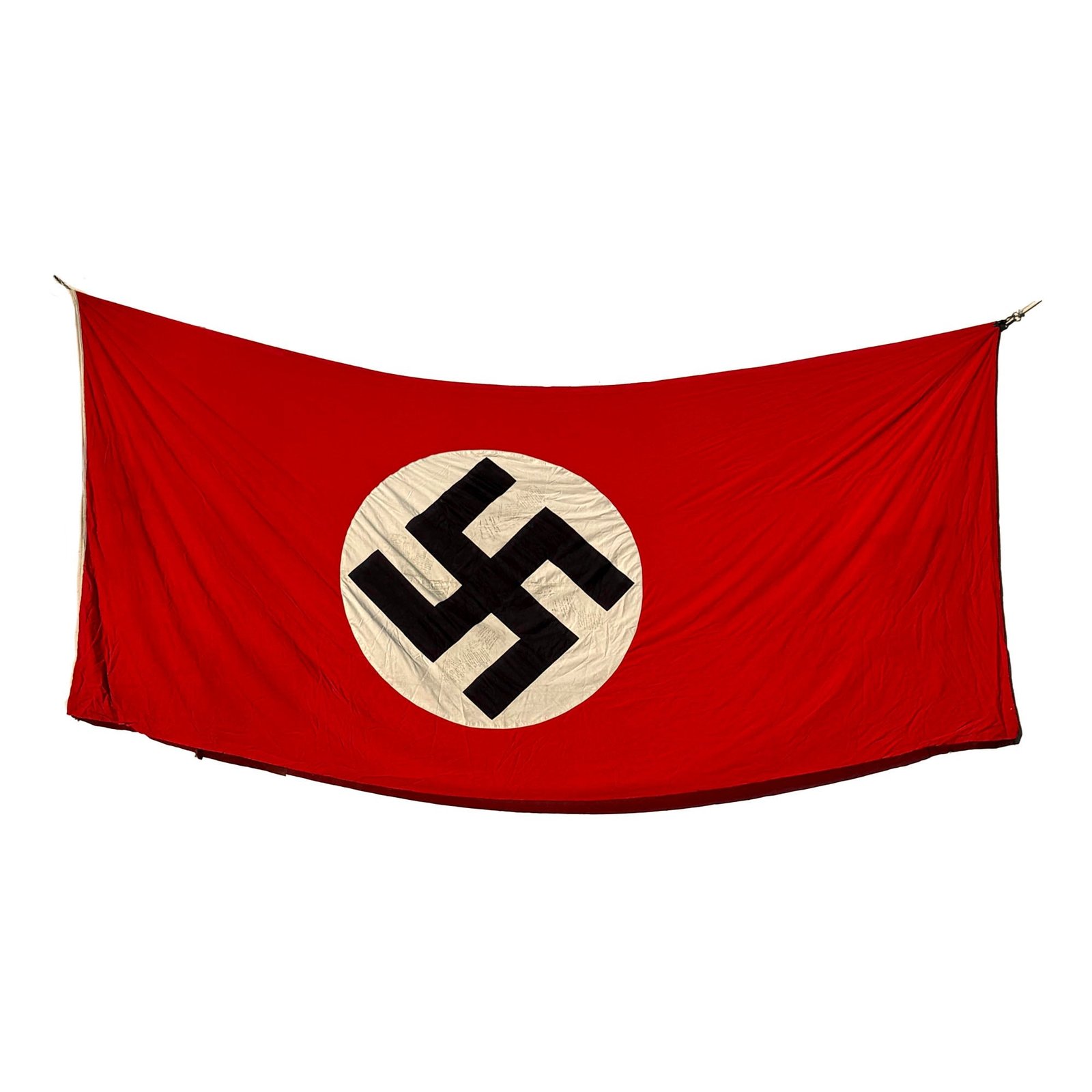 Original U.S. WWII 104th “Timberwolf” Division Enormous Captured German Banner Signed by 50 Members of Company H, 415th Infantry Regiment - Roughly 86 x 186”