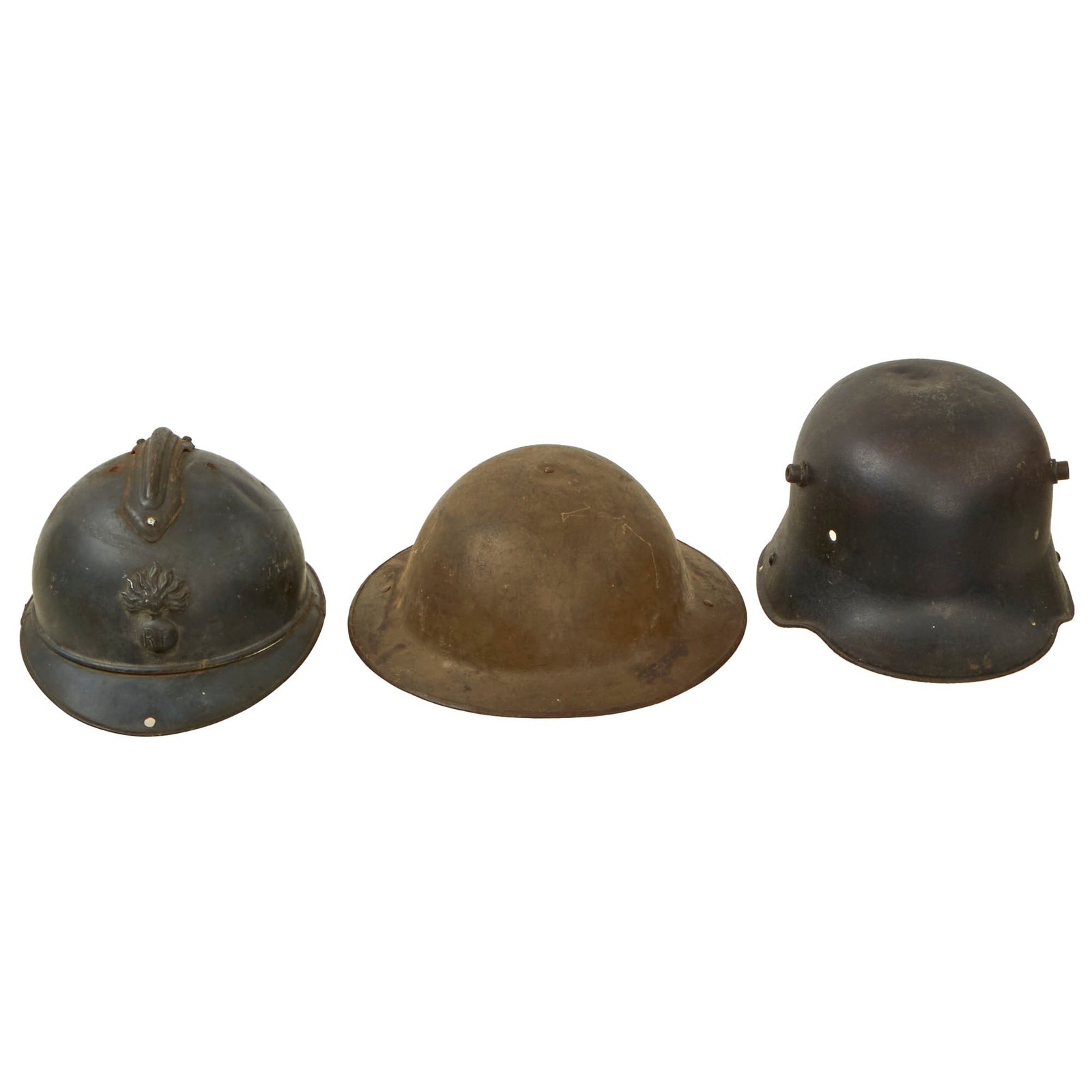 Buy Original German French & U.S. WWI Helmet Lot - Stahlhelm, Adrian, and British-Made Mk. I Brodie Helmet - Lot of 3 | Original Firearms Antique For Sale