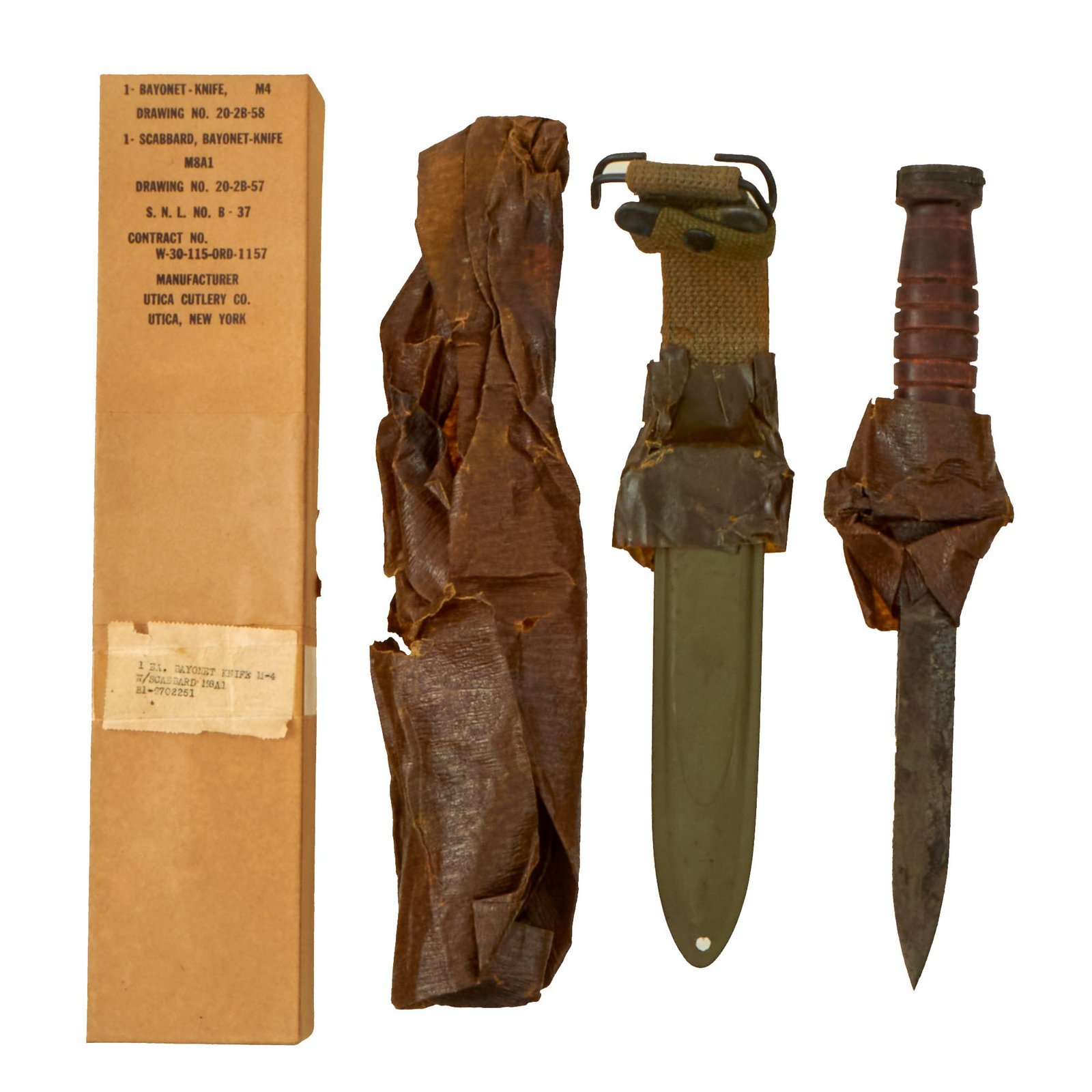 Buy Original U.S. WWII Unissued M4 Bayonet by Utica Cutlery for the M1 Carbine with M8A1 Scabbard Wrapped in Original Box | Original Firearms Antique For Sale