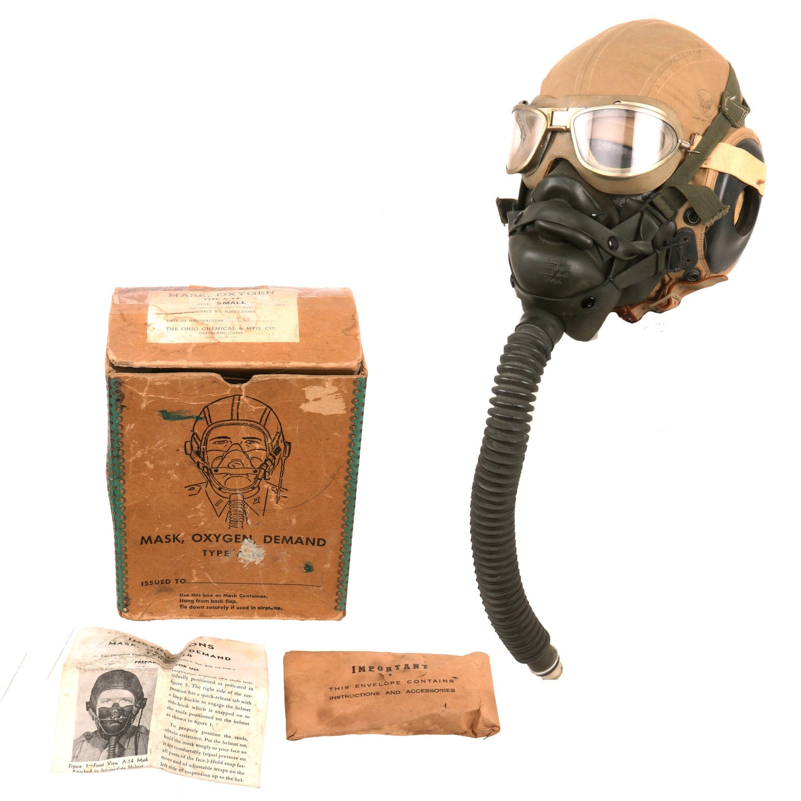 Buy Original U.S. WWII Army Air Force Aviator Flight Helmet Set - AN6530 Goggles, A-14 Mask in Original Box, & AN-H-15 Helmet | Original Firearms Antique For Sale